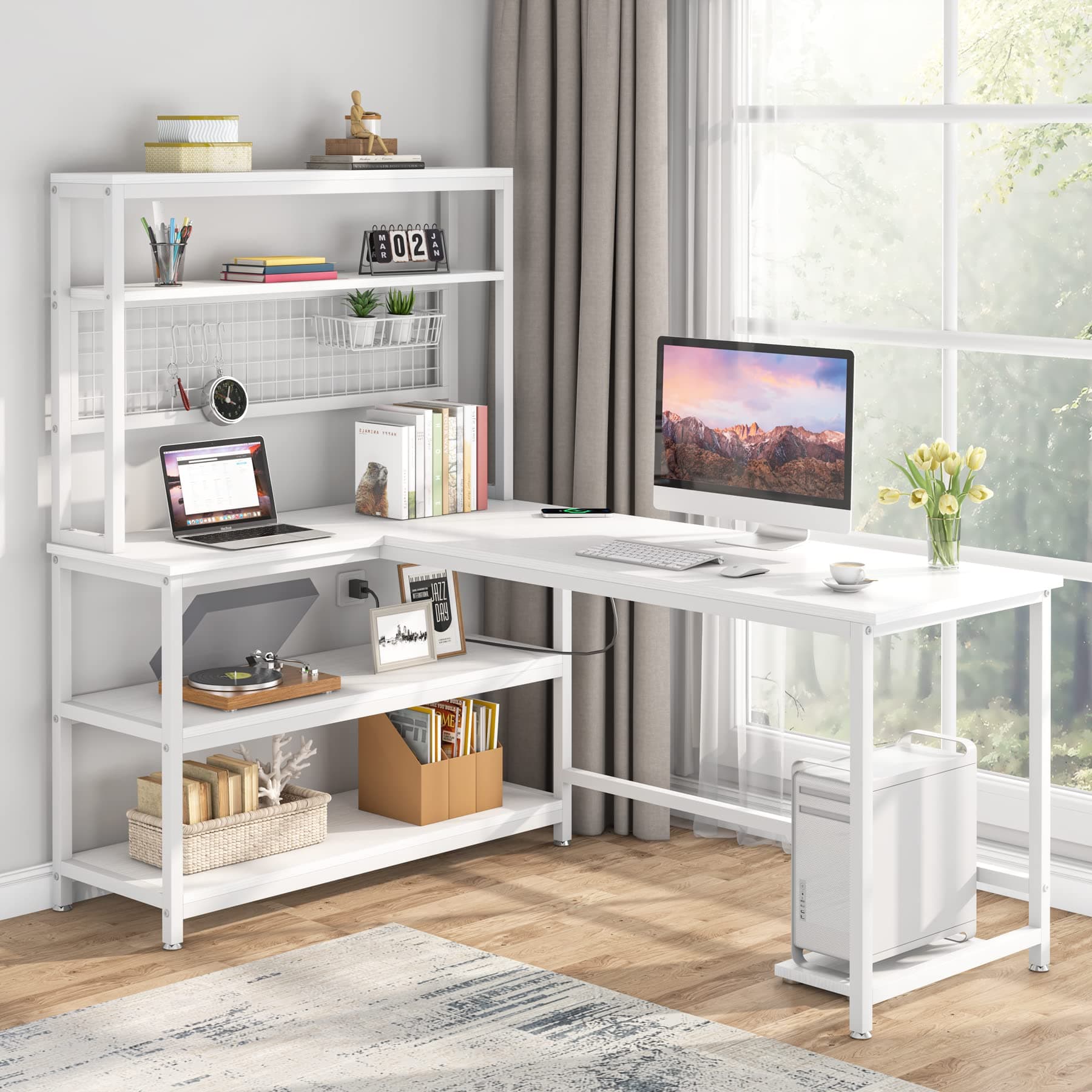 Tribesigns 55" Large Computer Desk with Wireless Charging 5 Storage Shelves, Office Desk Study Table Writing Desk Workstation with Hutch Bookshelf for Home Office (All White)