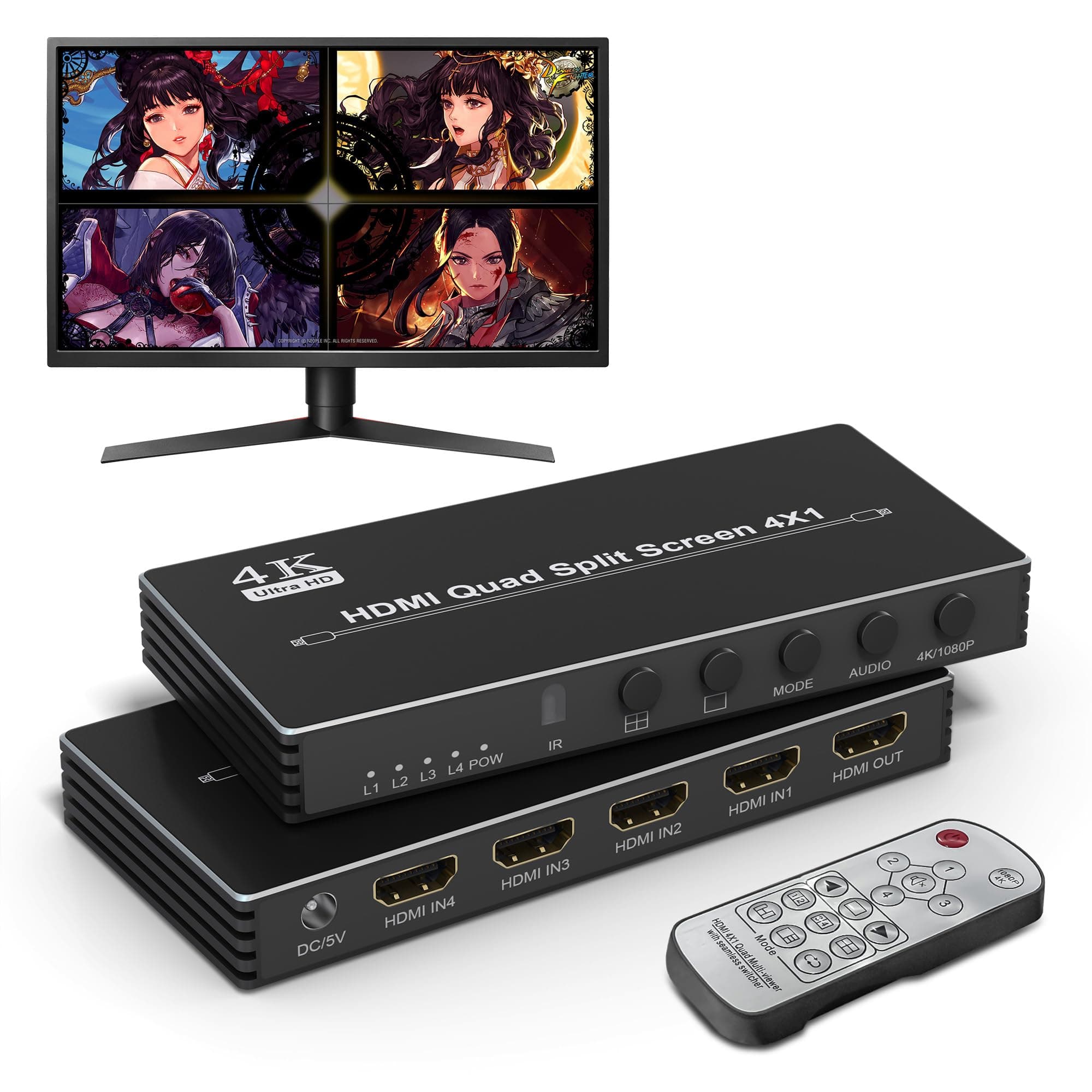 4K Multi-Viewer HDMI Quad 4x1, Multi-Switcher 4 in 1 Out Seamless Split Screen With IR Remote