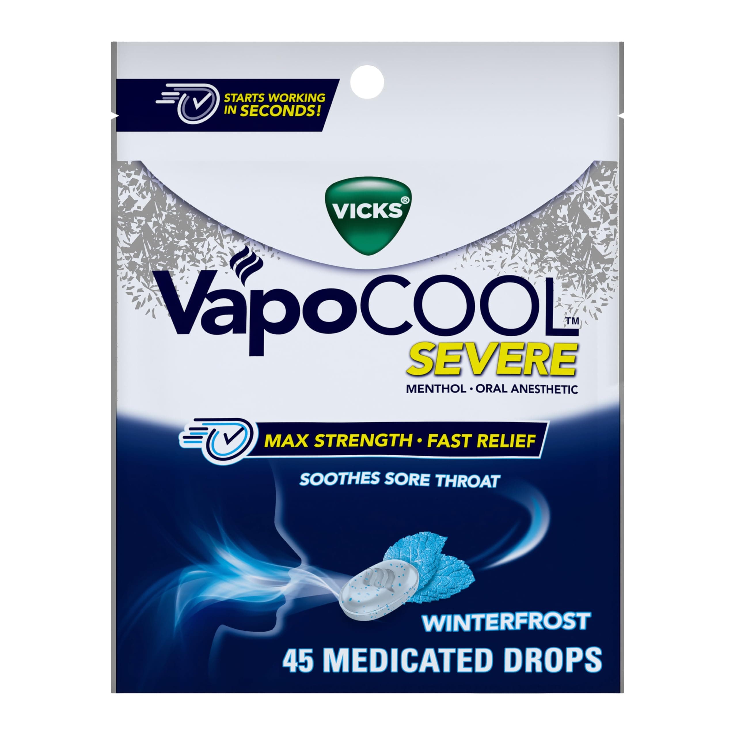 Vicks VapoCool 重度の薬用喉痛ドロップ、最大強度メントール、喉の痛みを和らげ、冬の霜味、45ct