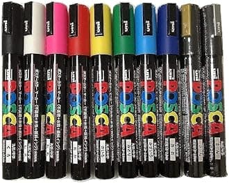 Posca Uni-ball Pc-5m [10 Pen Set] Includes 1 of Each - Black, White, Pink, Red, Yellow, Green, Blue, Light Blue, Silver and Gold