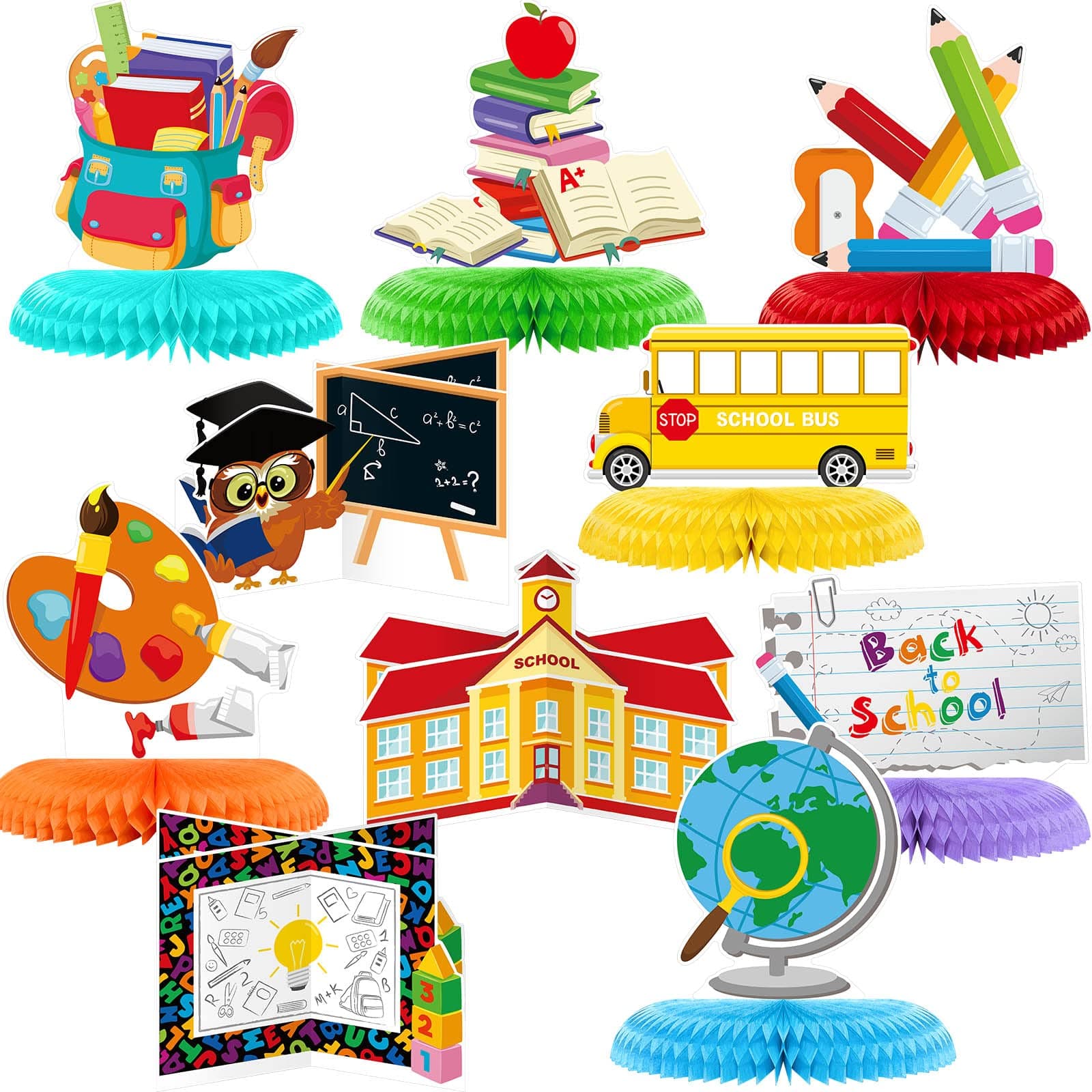 10 Pieces Back to School Table Centerpieces School Bus Table Decorations Stationery Chalkboard Honeycomb Centerpieces Back to Party Decorations for Teachers Students Classroom Decor