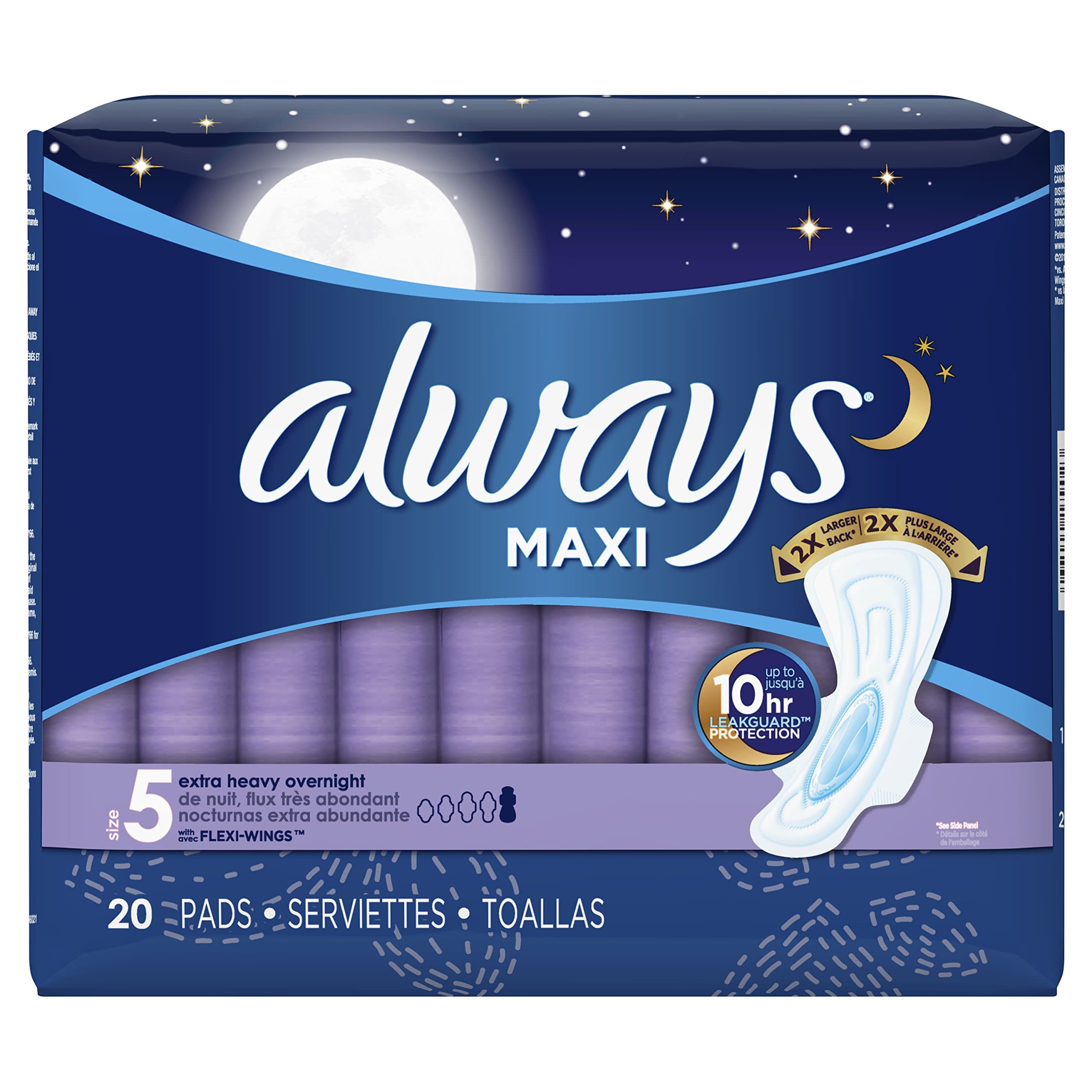 Maxi, Size 5, Extra Heavy Overnight Pads With Wings, Unscented, 20 Count