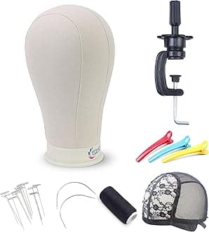 Eerya 21"-24" Canvas Block Head Set for Wig Display Making Hair Weave and Styling Mannequin Head with Mount Hole (Stand Styling Hair Clips T Needle C Needles Thread Wig Caps with Canvas Head 21inch)