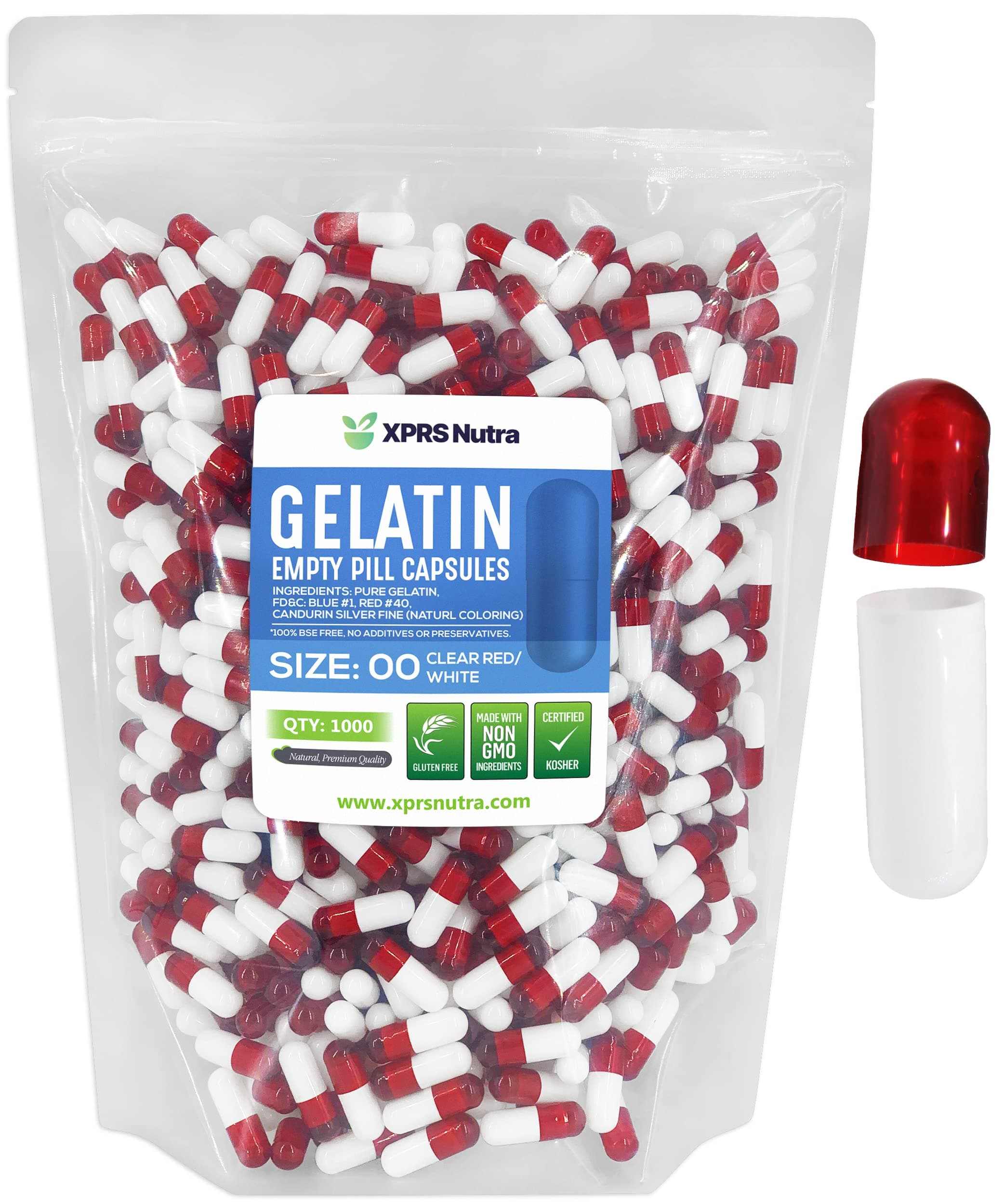 XPRS Nutra Size 00 Empty Capsules - 1000 Count Empty Gelatin Capsules - Pills DIY Capsule Filling - Fillable Pill Gel Caps for Do-It-Yourself Supplements (Clear Red/White)