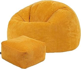 icon Kingston Cord Bean Bag with Footstool, Ochre Yellow, Large Adult Bean Bag Chair with Filling Included, Comfy Chair, Pouffe Footstool, Living Room Furniture, Bedroom Furniture