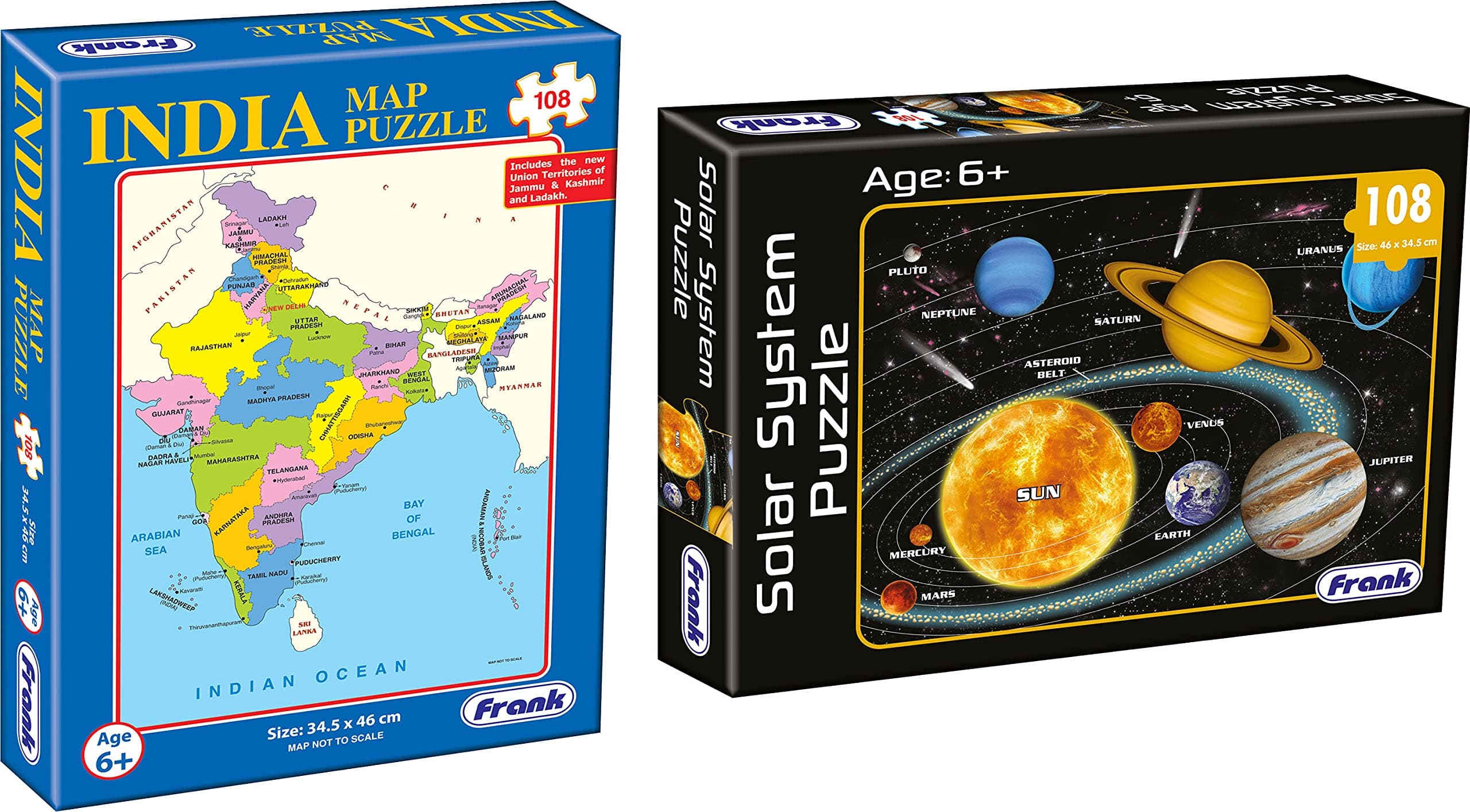 Frank India Map & Solar System Puzzle for Kids- Combo Pack of 2-108 Pieces Each - Fun, Challenging, Brain Booster Jigsaw Puzzles for Focus & Memory- Non-Toxic- Age Years Old & Above - 10181