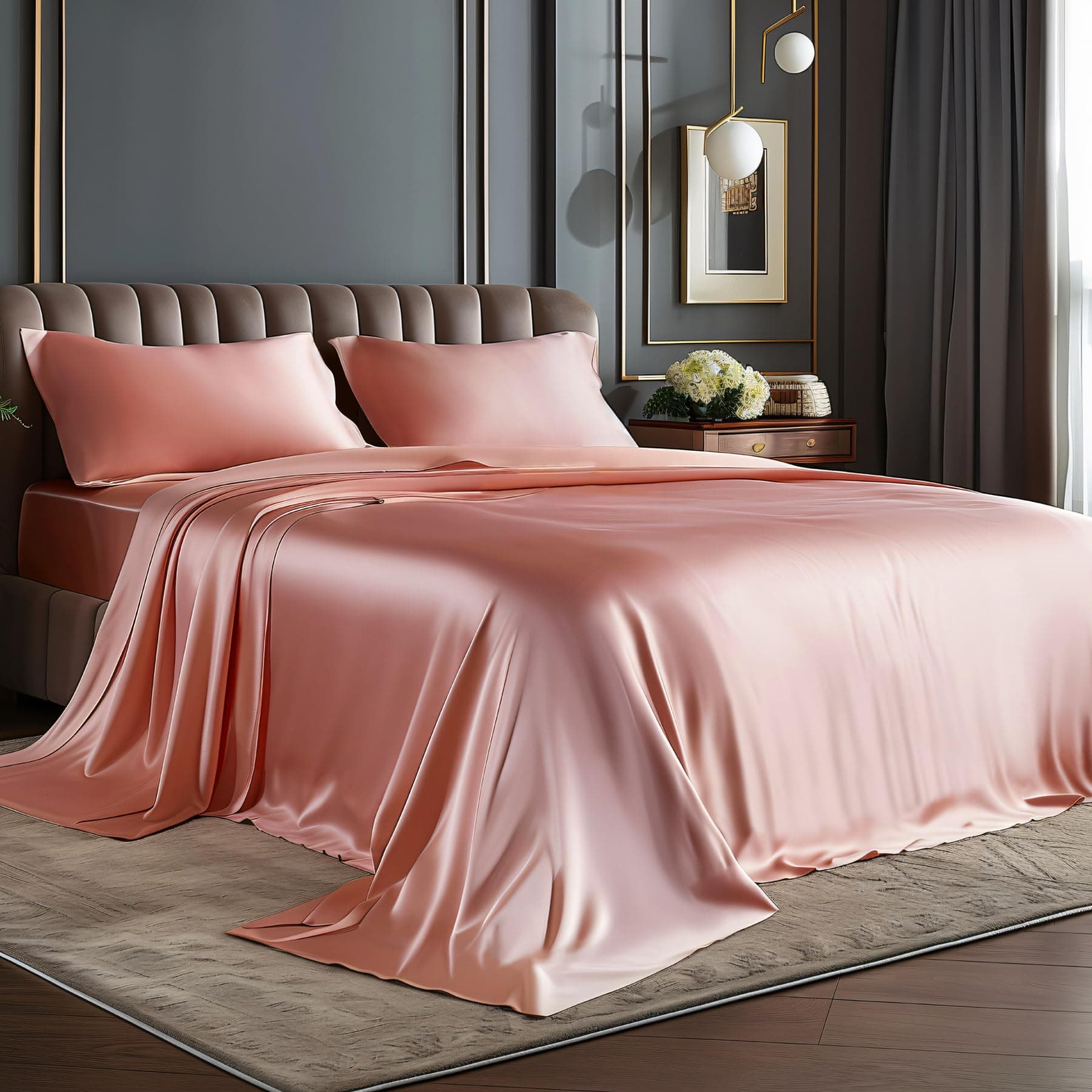 BEDELITE Satin Sheets Queen Size Bed Set, Luxury Soft Rose Pink Silky Sheets for Hair and Skin, Similar to Silk Bed Sheets Set 4 Pieces with 1 Deep Pocket Fitted Sheet, 1 Flat Sheet, and 2 Pillowcases
