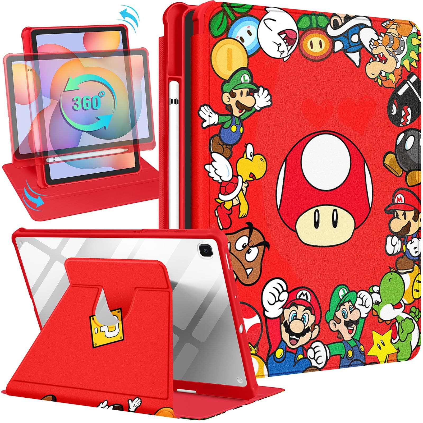 Trendy Fun for Galaxy Tab S6 Lite Case 10.4 inch 2024/2020/2022 for Boys Kids Teen Girls Cartoon Cute Kawaii 360° Rotating Folio Stand Pencil Holder for Samsung Galaxy Tablet S6 Lite Cover,Red