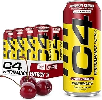 C4 Energy Carbonated Zero Sugar Energy Drink, Pre Workout Drink + Beta Alanine, Midnight Cherry, 16 Fl Oz (Pack of 12)
