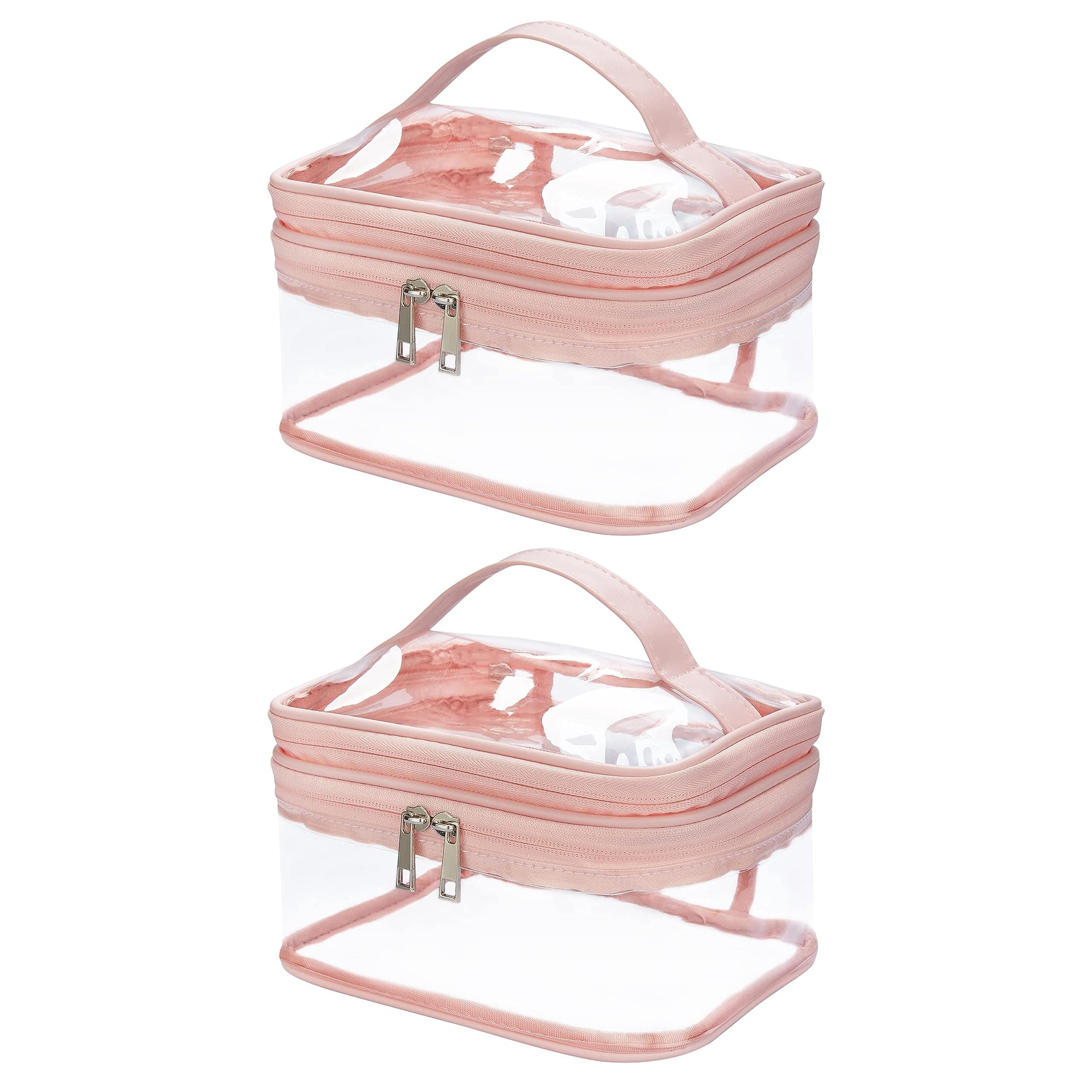 2 pack Double Layer Clear Cosmetic Bag Makeup Bag, Waterproof Travel Toiletry Bag, Transparent PVC Hair & Nail Accessories Pouch Beach Bag Organizer (Pink)