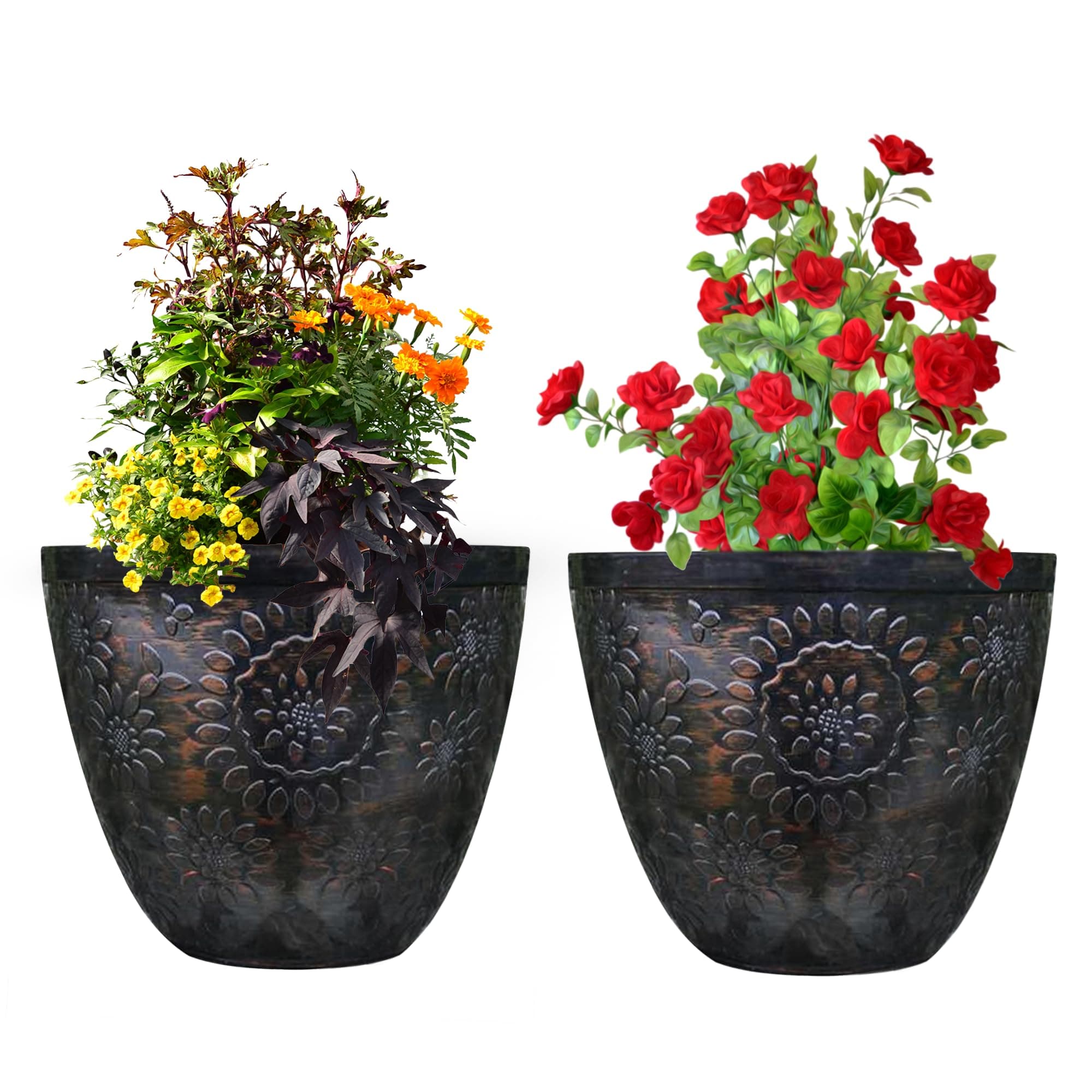 SG Traders 2 X Pack Large Plastic Round Chengdu Garden Plant Pots Planter Indoor Outdoor Pots 30cm Black/Copper 11.7Ltr.