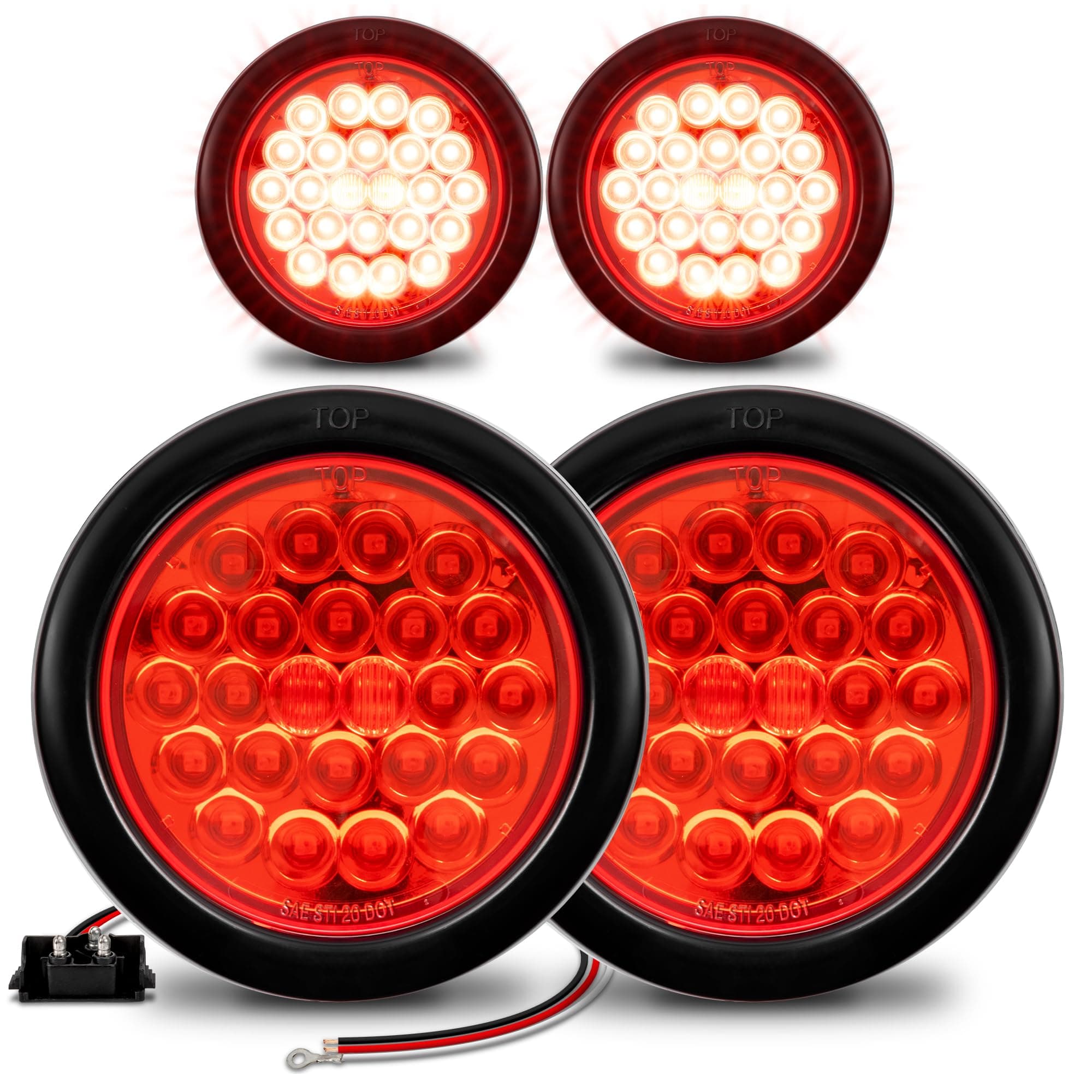 TRUE MODS 4pc 4" Round Red 24 LED Trailer Tail Lights [DOT FMVSS 108] [SAE STI] [Grommet & Plug] [IP67 Waterproof] Turn Stop Brake Boat Horse Trailer Lights for RV Semi Truck Flat Bed Camper