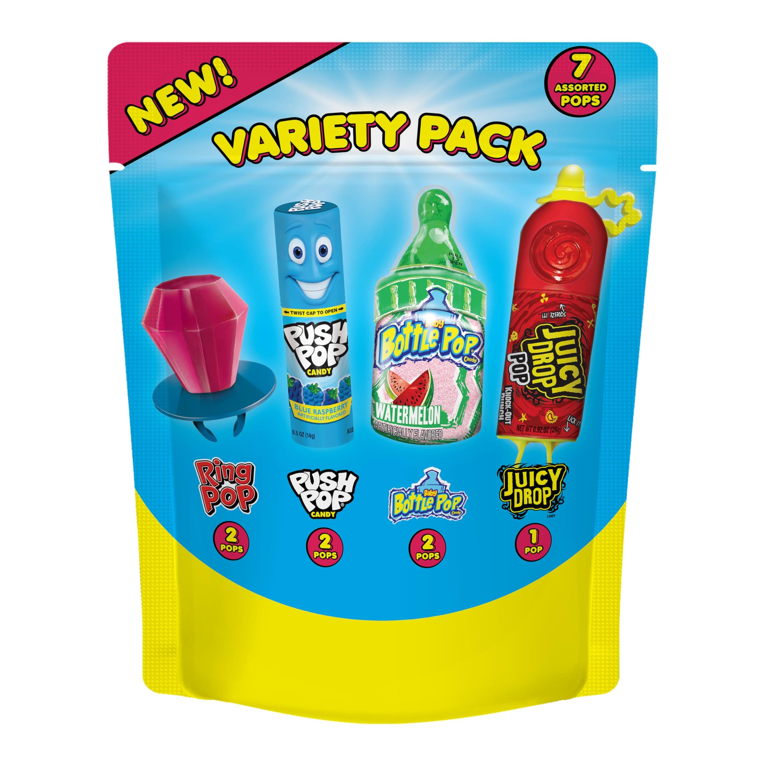 Assorted Candy Variety Pack 7 Count Lollipops - Ring Pop, Push Pop, Baby Bottle Pop & Juicy Drop - Ideal for Kids Party Favors, Party Favor Bags by Bazooka Brands