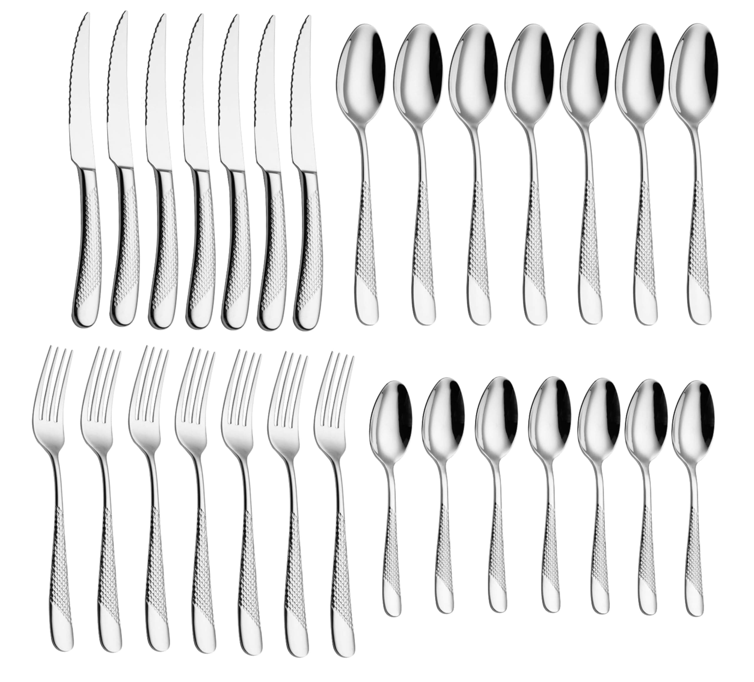 Mirror Finish Silver Plated Stainless Steel Flatware Set Copper Silverware Set Rose Gold Spoon Color Cutlery Set [Dinner Fork-Tea Spoon-Salad Spoon-Knife] Set of (Silver DOT, 28)