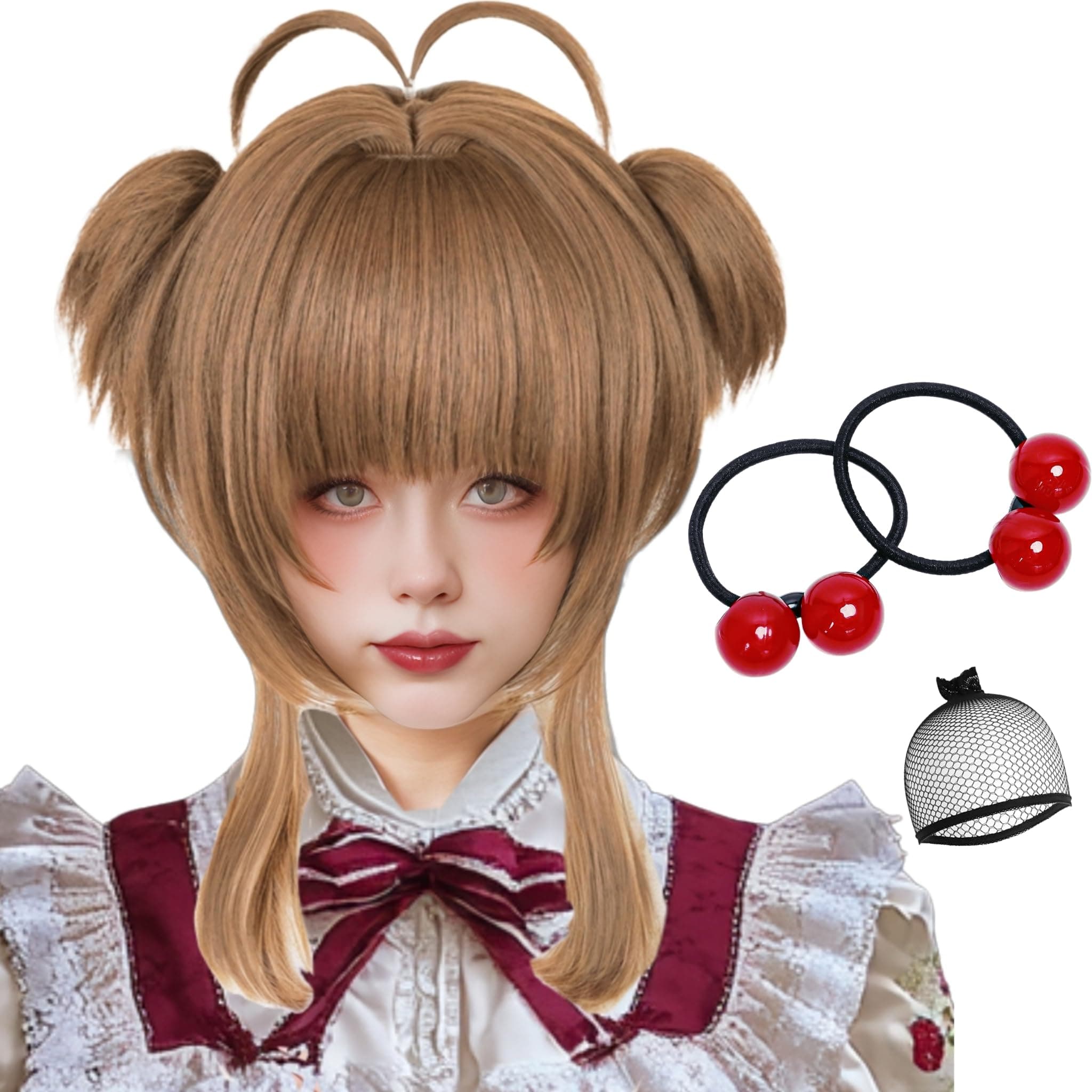 Brown Ponytail Anime Wig with Bangs Short Light Brown Lolita Twin Tails Pigtails Wig for Women Halloween Costumes Party