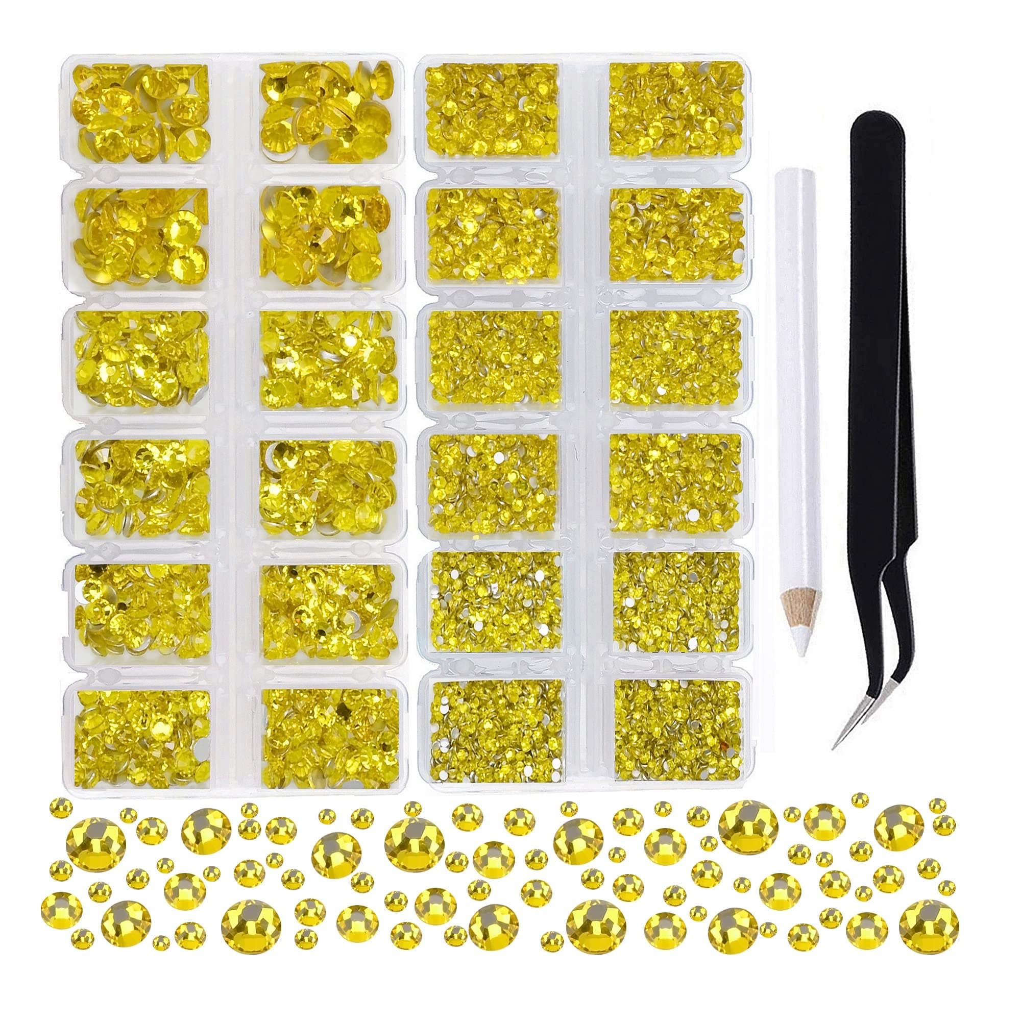MASSIVE BEADS 2-Box 8000pcs 6Sizes Nail Art Flatback Glasses Rhinestones Crystal for DIY Project with Tweezers and Picking Pen for Nail Art, Face Art, Manicure (Citrine, 6 Sizes)