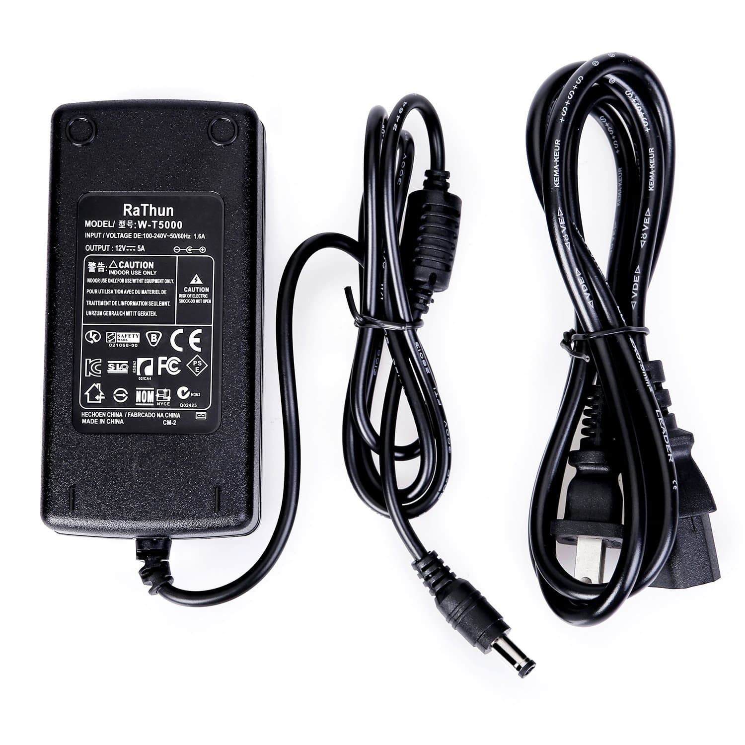 RaThun 12V 5A AC/DC US Plug Power Supply Adapter for all Low-voltage LED Strip Lighs; Like 5050& 3528LED Strip Lights, Cool White; Warm White; RGB Led Strip Lighting