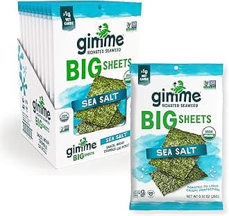 Seaweed Organic Premium Roasted Seaweed Big Sheets, Sea Salt, Keto, Vegan, Gluten-Free, Great Source of Omega3s and Iodine, Healthy On-The-Go Snack for Kids and Adults, 0.92oz (Pack of 10)