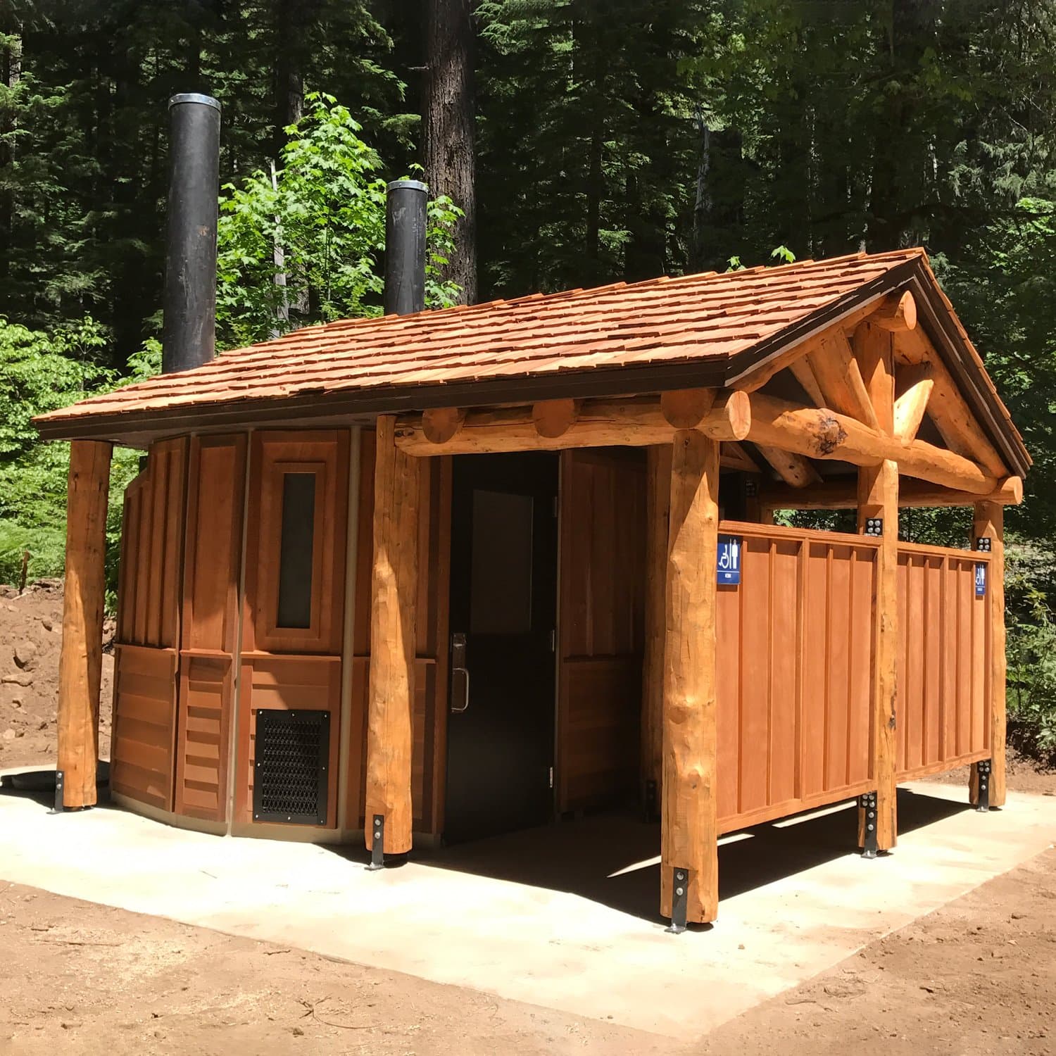 Romtec 1009 - SST Traditional Double Restroom w/Log Post & Beam All Weather Porch & Privacy Partition - With 750 gallon Vault