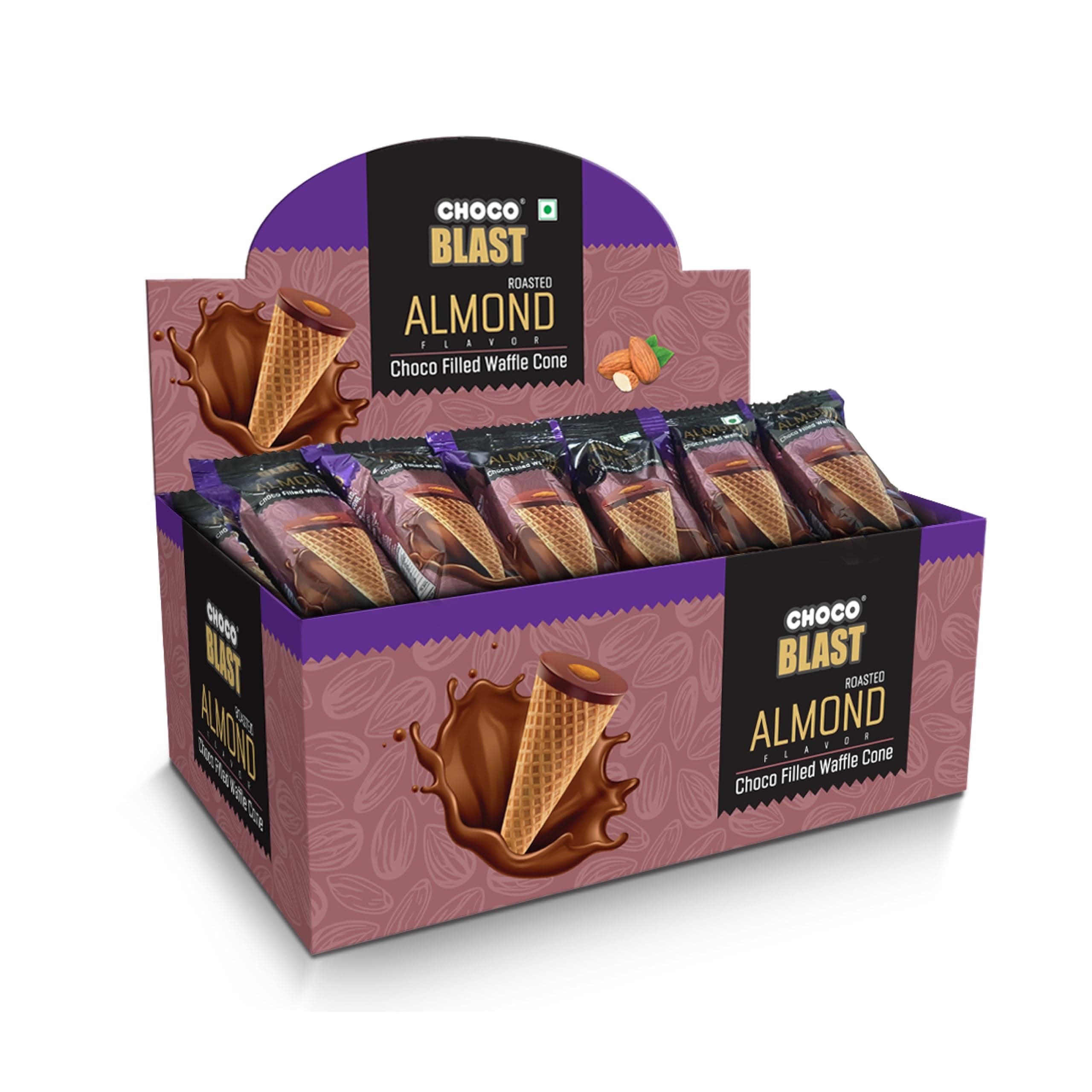 Pure Temptation Chocoblast Choco-Filled Waffle Cones [20 Pc] Snacks for Kids & Adults- Non-Meltable Gift Pack - Individually Wrapped Chocolate Cone Bites- Roasted Almond