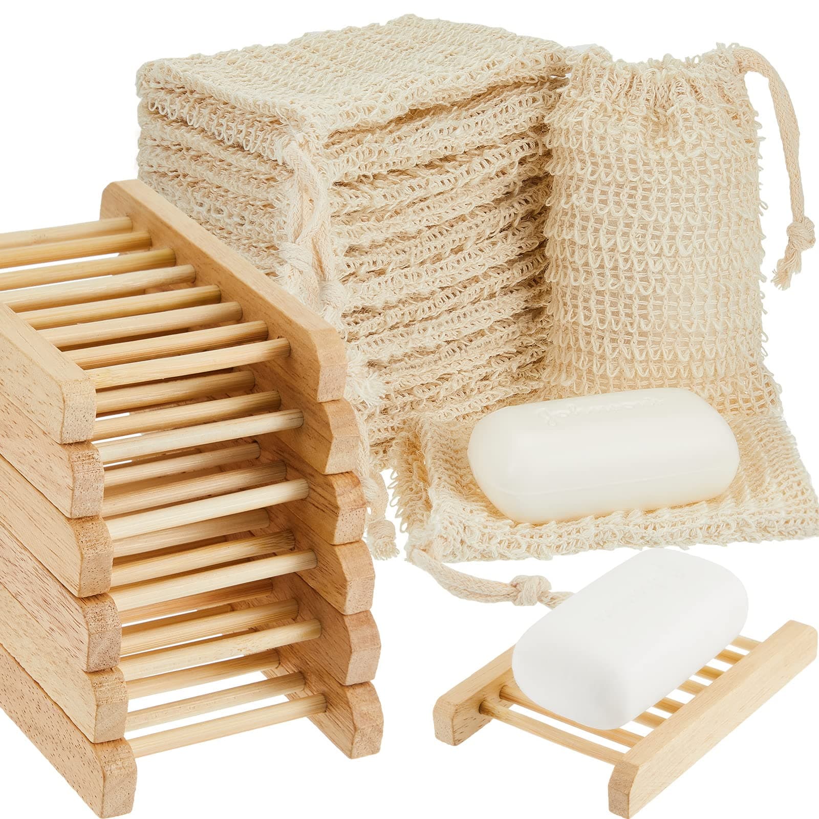Rtteri 60 Pack Soap Exfoliating Bag Holder Soap Set with 30 Pieces Soap Saver Bag Pouch Mesh Sisal Soap Bag and 30 Pieces Bamboo Wood Soap Holder for Shower and Bath Use