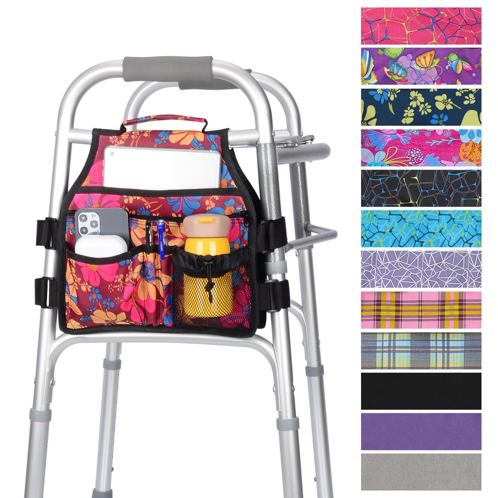 supregear Side Walker Bag, Walker Accessories Bag w/Cup Holder, Folding Walker Basket Waterproof Walker Organizer Caddy Pouch for Most Walker with Side Bar for Seniors, Elderly, Double Sided