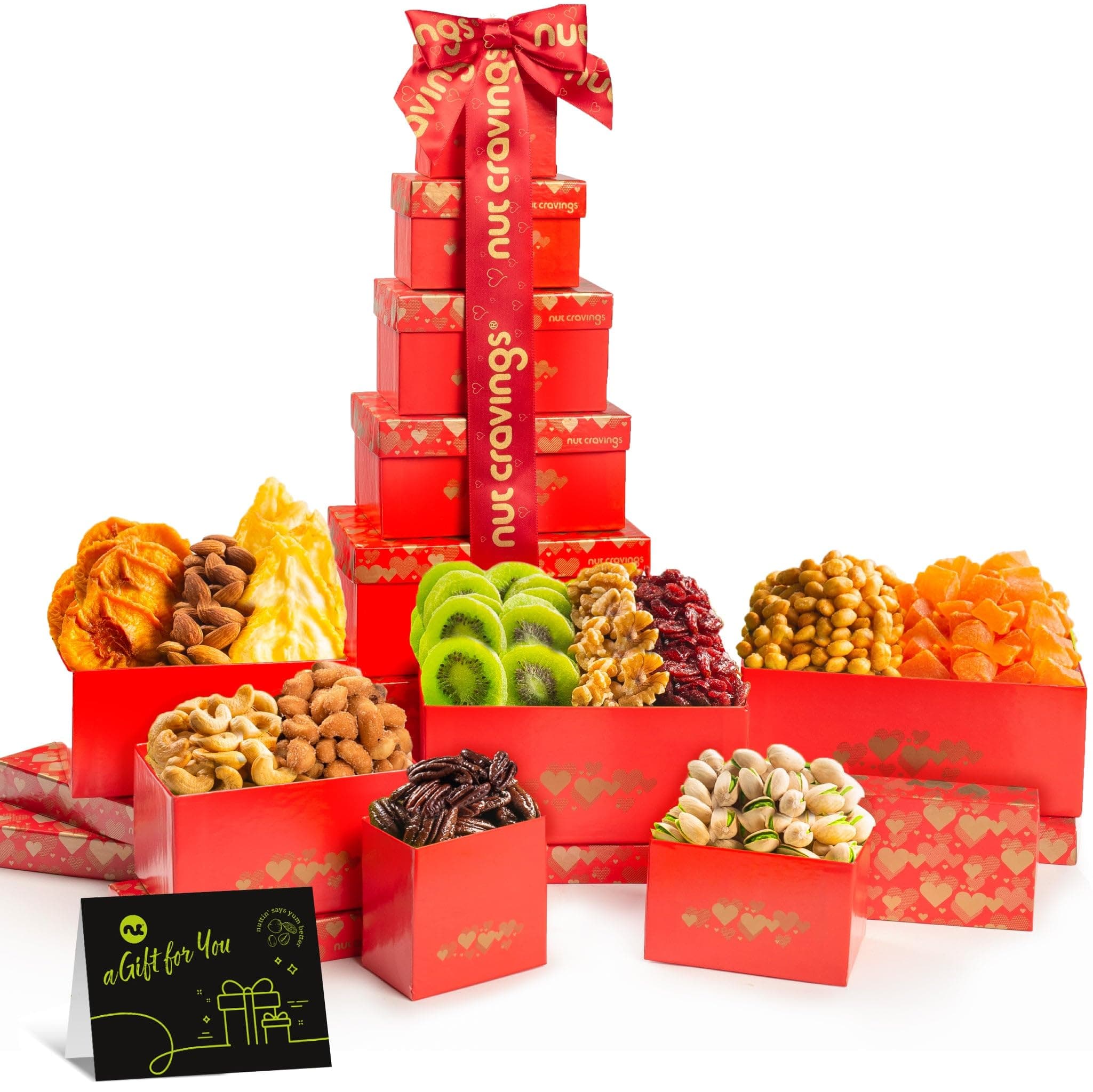 NUT CRAVINGS - Easter Dried Fruit & Mixed Nuts Gift Basket, Red Tower + Heart Ribbon (12 Assortments) Food Arrangement, Healthy Snack Care Package, Kosher