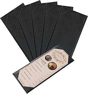 Menu Covers 4.25" x 11" – 5 Pack 1 View Black PU Leather Restaurant Menu Holders, Single Panel with Angled Corners for Food Menus, Wine Lists & Drink Specials & Cocktail, Perfect for Parties