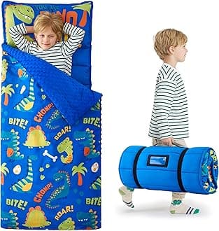 JOIEDOMI Toddler Sleeping Bag for Kids 55''x30'' Nap Mat with Removable Pillow and Minky Blanket for Toddler Ages 3-7 Roll Up Soft Kids Sleeping Bag for Boys Girls Kindergarten Daycare Sleepover