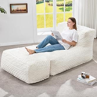 Hobestluk Bean Bag Chair Big Bean Bag Lounger for Adults Bean Bag Couch with Memory Foam Filled for Living Room, Bedroom or Balcony (Chevron Plush White)