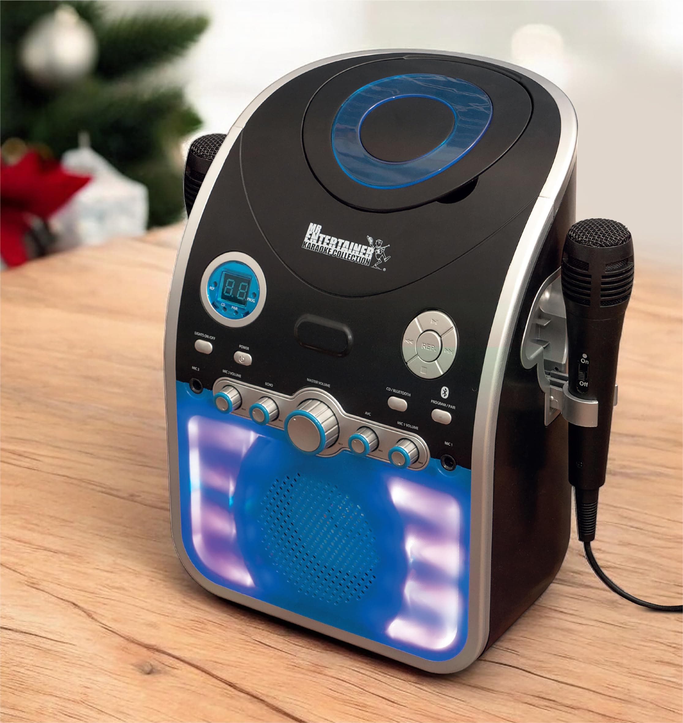 Mr Entertainer KAR120 BLUETOOTH CD Player Karaoke Machine Party Pack 3. CD+G Karaoke and Music CDs. Connect TV to Display Lyrics. Link Smart Phone, or Tablet. Black/Blue. USB, Duet, 2 Mics, 7 CDs Inc
