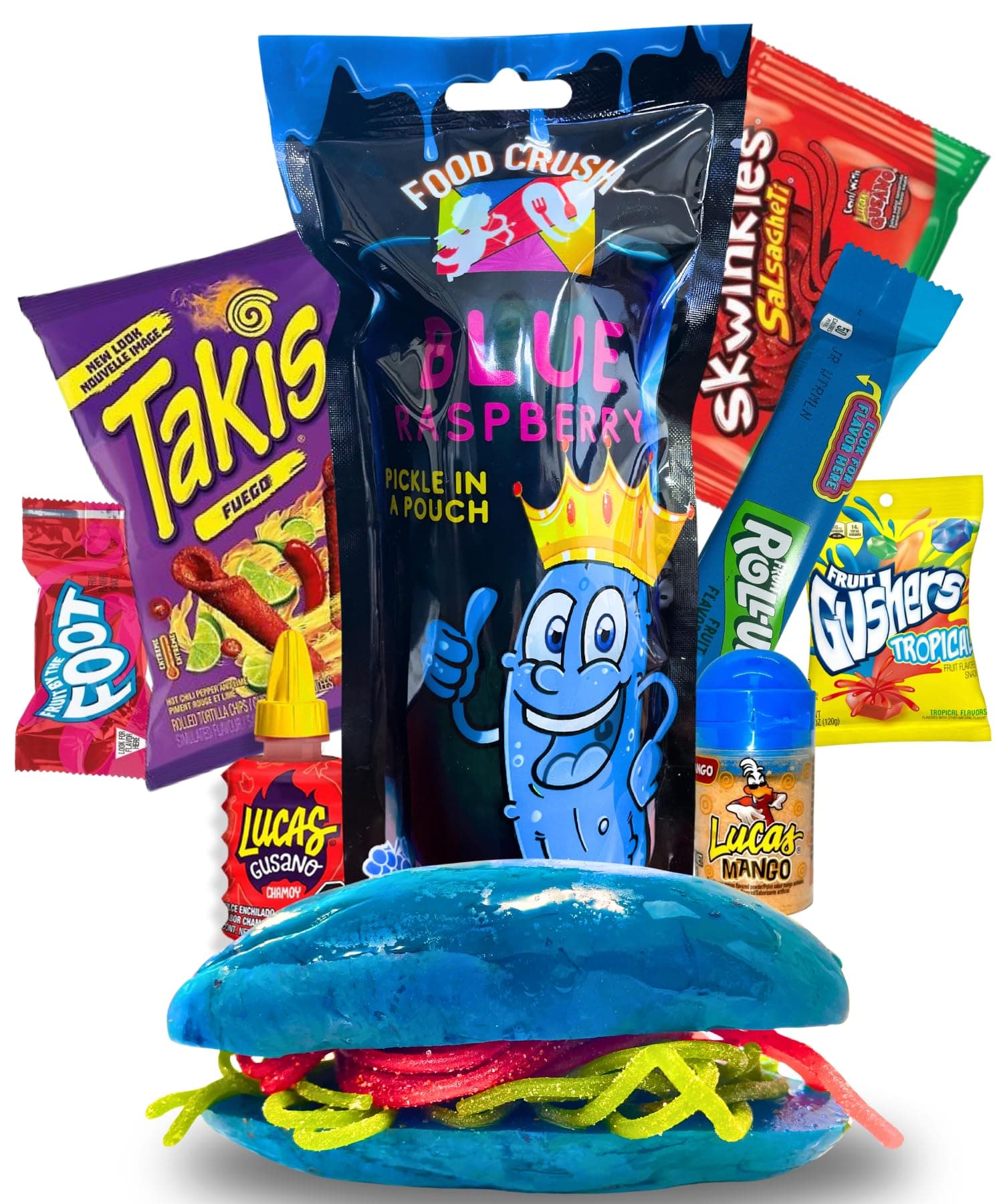 Blue Raspberry Pickle Kit With Takis-Mexican Candy Gift Box From Tiktok Fruit Rollup, Lucas Gusano Chamoy, Lucas Swinkles Salsagheti, Gushers, Mango Candy Powder-Tiktok Trend Item by Food Crush