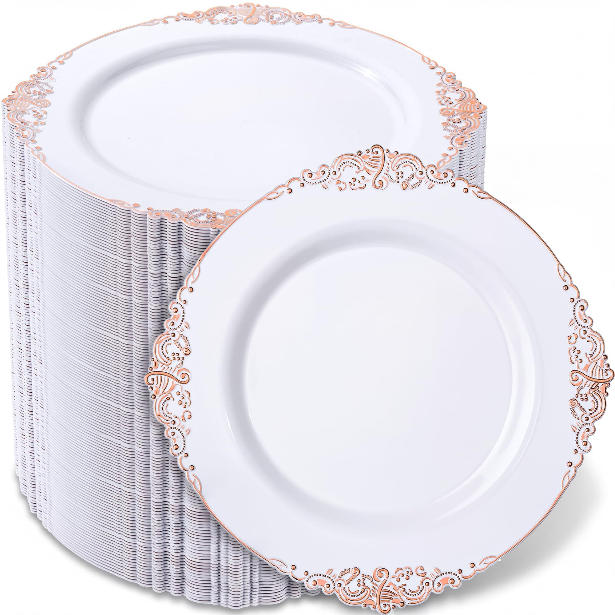 Morejoy 100pcs Rose Gold Plastic Plates - Rose Gold Disposable Plates - 7.5 inch White and Rose Gold Dessert Plates for Weddings & Parties & Mother's Day