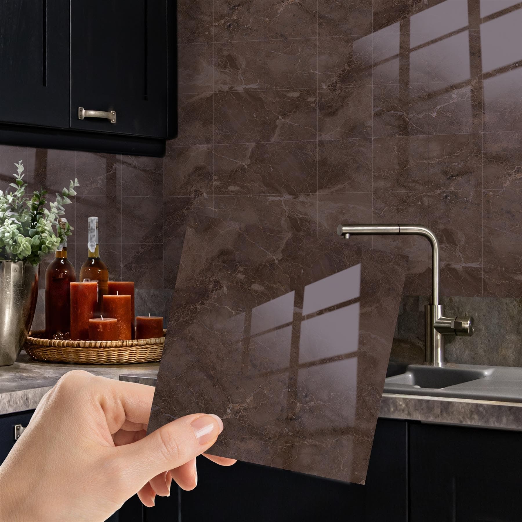 WALPLUS Marble Tile Stickers Glossy Waterproof Oil Proof Removeable Stick on Wall Backsplash DIY PVC for Bathroom Cabinet Kitchen Home Decor Copper Brown 24 pcs 15cm(6")