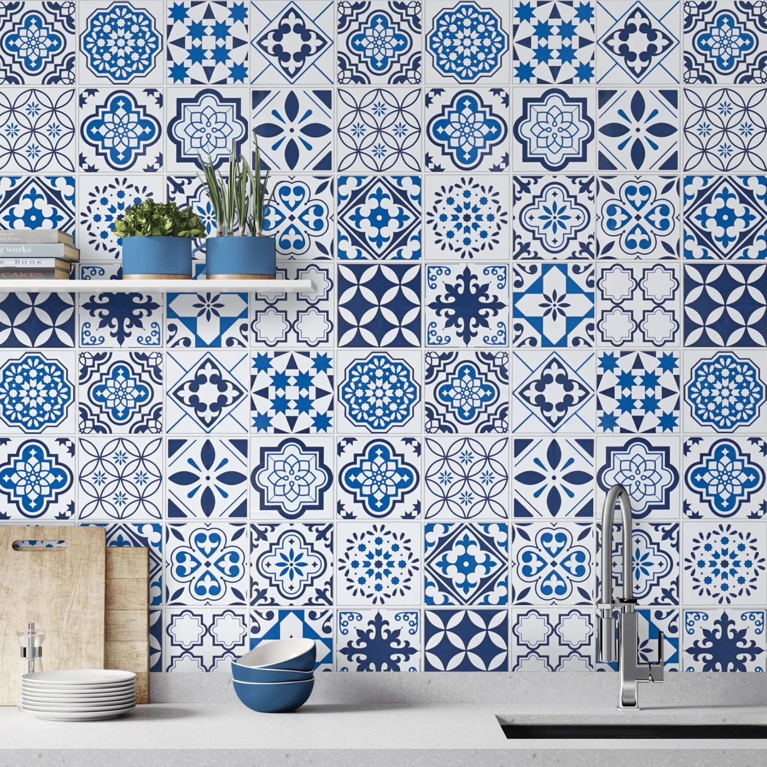 Timeet 197"x 17.7"Blue Pattern Wallpaper Glossy Surface Waterproof Contact Paper Decorative Self Adhesive for Kitchen Bathroom Counters Removable Peel and Stick Wallpaper Easy to Clean