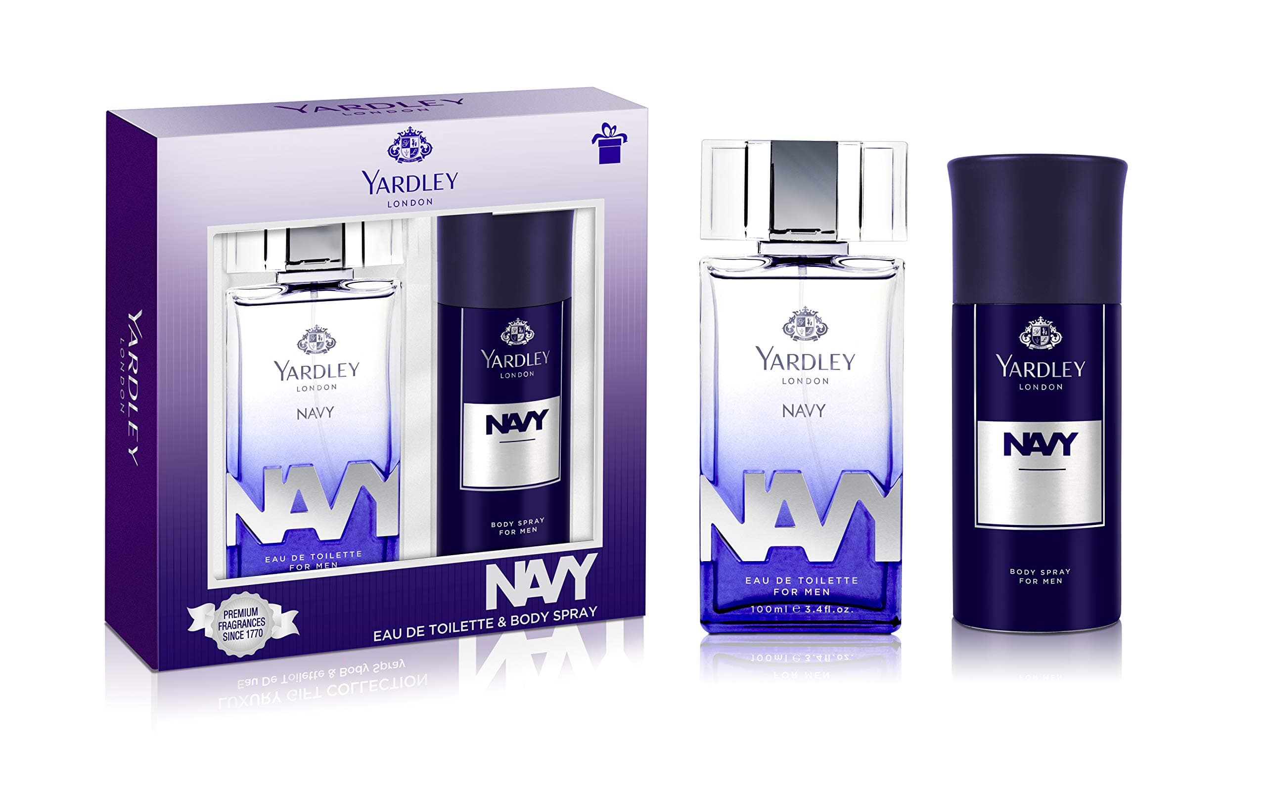 Yardley Navy Perfumed Gift Set for Men - EDT 100 ml + Body Spray 150 ml | Fresh Marine Fragrance