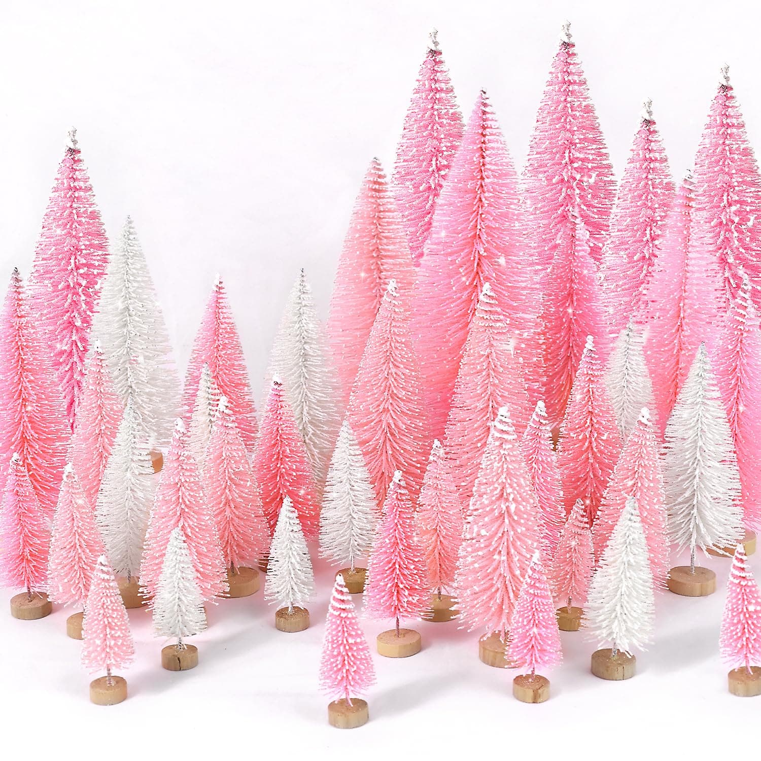 30Pcs Mini Christmas Trees Artificial Christmas Tree Bottle Brush Trees with Wooden Base for Christmas Decor Christmas Party Home Table Craft Decorations(Pink+White)