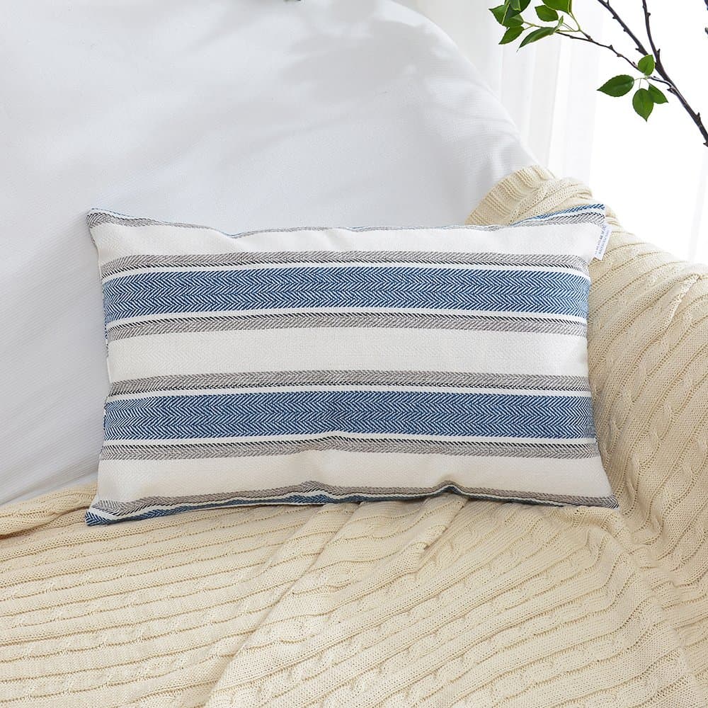 Navy Pure White Stripe Pillow Cases Soft Linen Square Decorative Throw Cushion Cover Pillowcase with Hidden Zipper for Sofa - 12" x 20 "