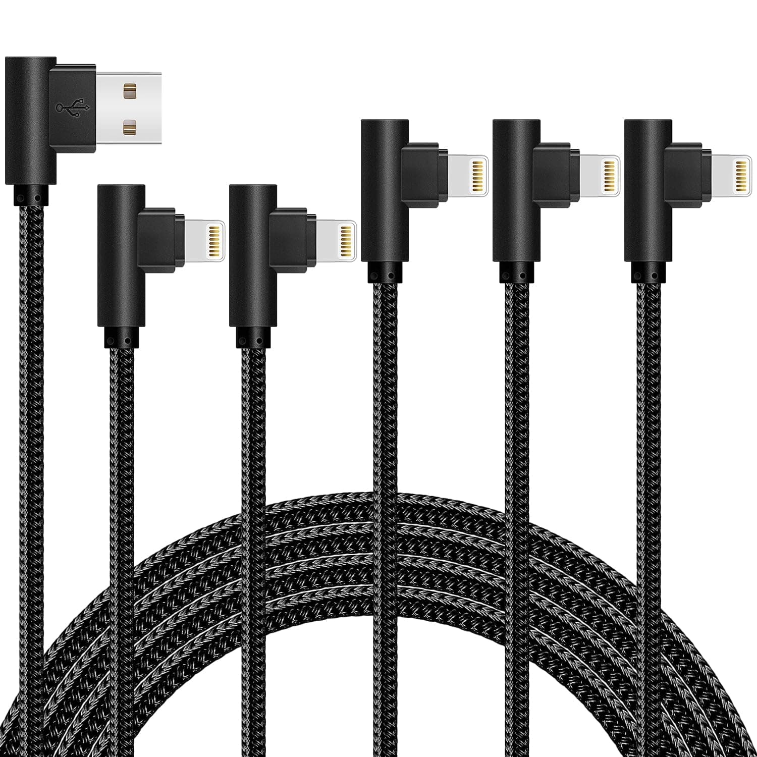iPhone Cable 5 Pack(3/3/6/6/10FT) MFI Certified Cable Lightning Fast Charger Nylon Braided Data Cord 90 Degree Elbow for Game Video Compatible with iPhone 12 11 Pro Max XR XS Max iPod (Black)