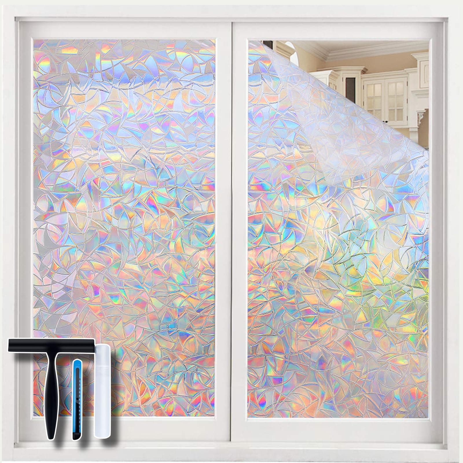Volcanics Window Privacy Film with Installation Tools, Static Window Clings Vinyl 3D Decals Stickers Rainbow Window Film for Glass Door Home Heat Control Anti UV 23.6 x 78.7 Inches