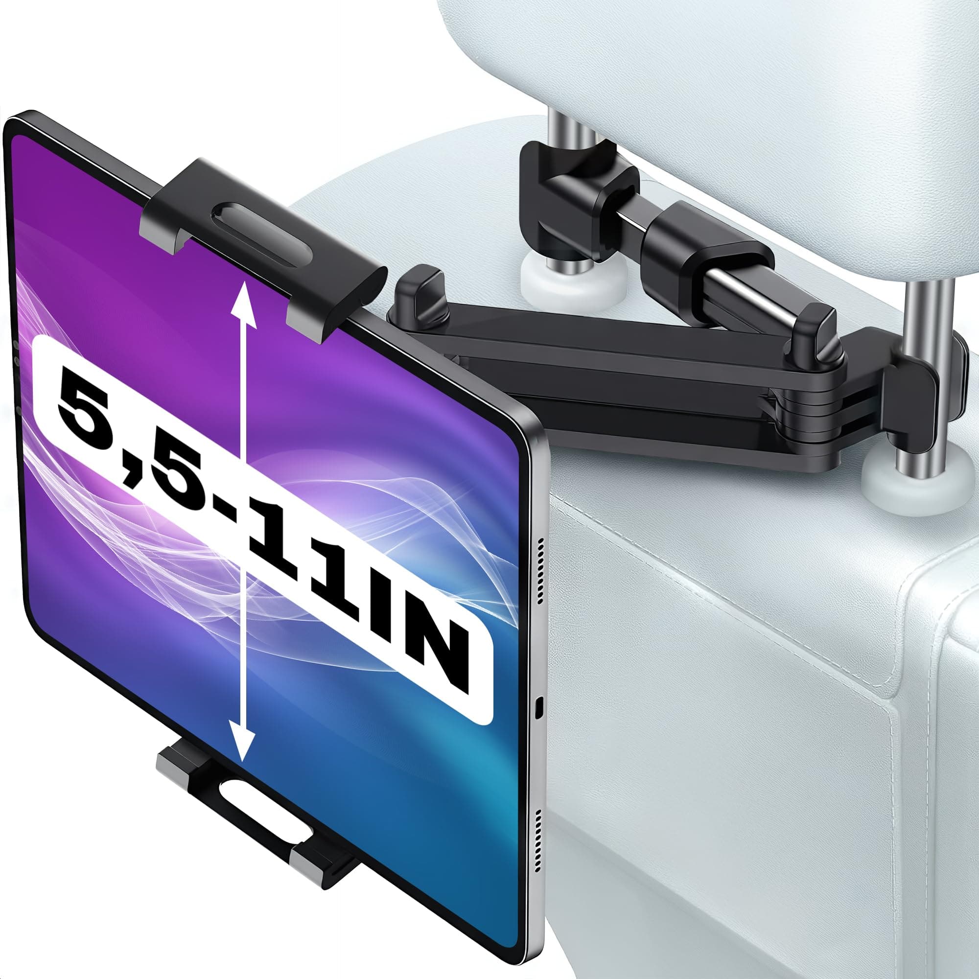 Car Headrest Tablet Holder for 5.5"-11" Devices - Tablet Headrest Mount with 360° Rotation & Charging Port Access - Quick Install & Adjustable Car Tablet Holder Сompatible with Smartphones and Tablets