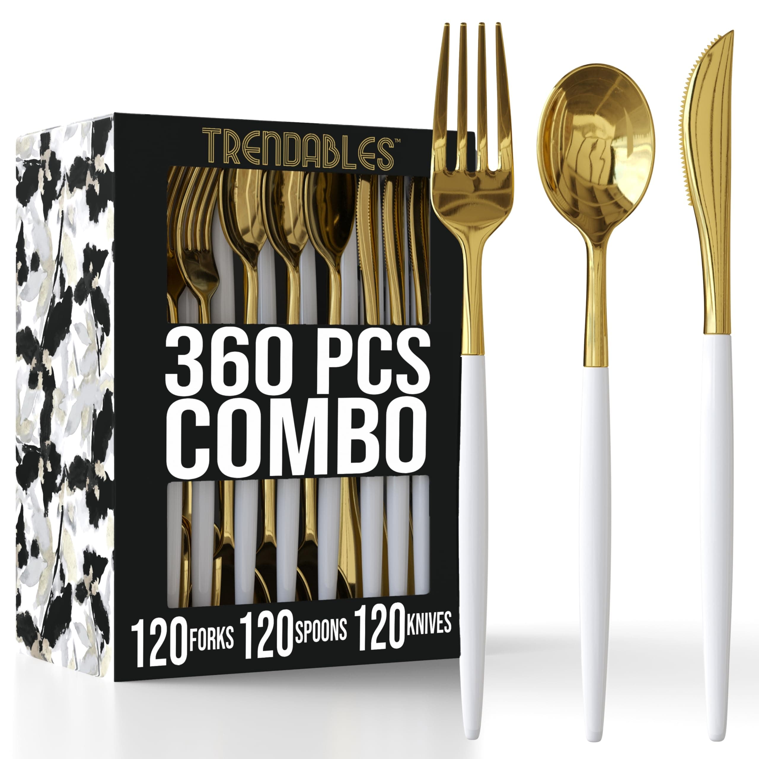 360 Pack Disposable Silverware Set - Cutlery Dinnerware - Includes 120 Forks - Spoons - Plastic Knives - White & Gold Plastic Silverware Utensils Party Set