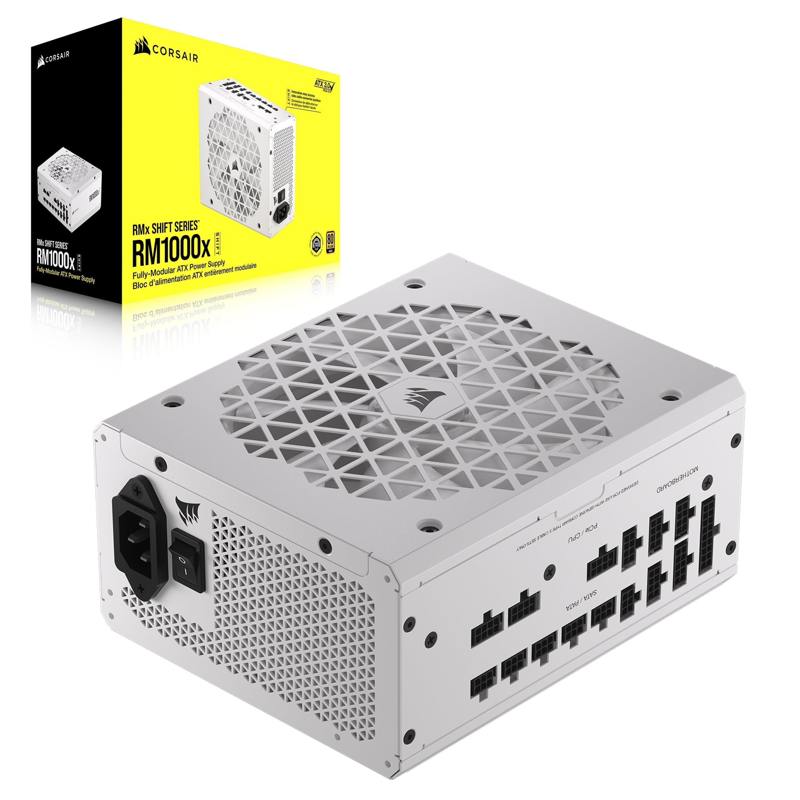 RM1000x ATX Fully Modular Modular Side Interface Switching Power Supply with ATX 3.0 and PCIe 5.0 Compatible RPM Fan Mode Efficiency 80 Plus Gold White