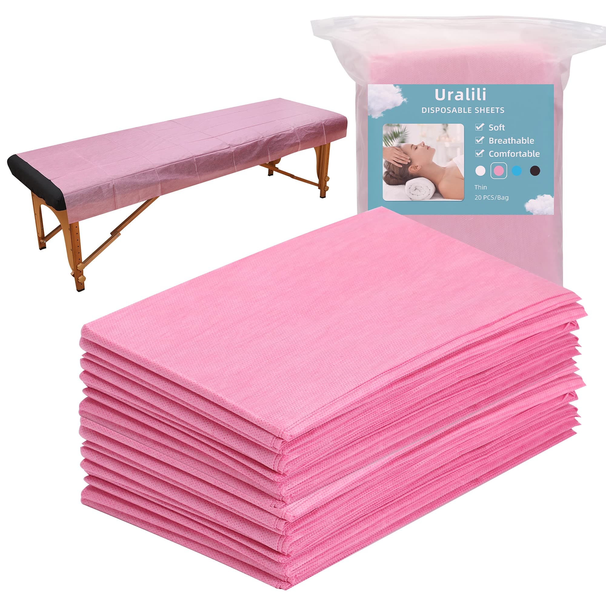 20PCS Massage Table Sheets Disposable Non Woven SPA Bed Cover Breathable Polypropylene Fabric 31" x 70" Thin, Not Waterproof （Pink）