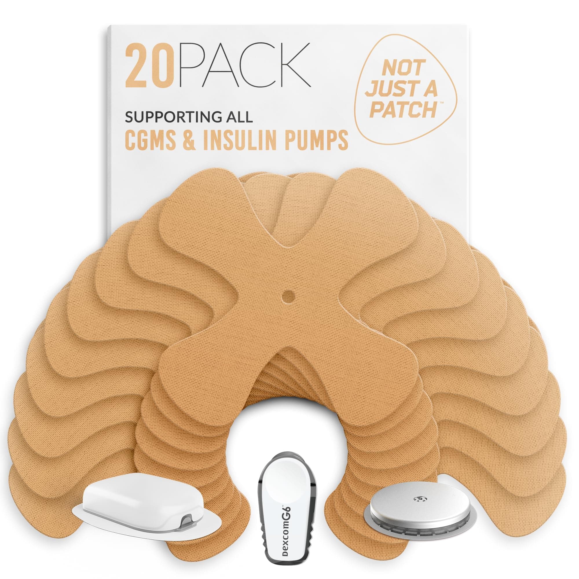 Not Just A Patch X-Patch CGM Sensor Patches (20 Pack) - Water Resistant Omnipod 5 Adhesive Patches - Durable for Active Lifestyle for 10-14 Days - Compatible with Dexcom G6, Libre 2 in Beige