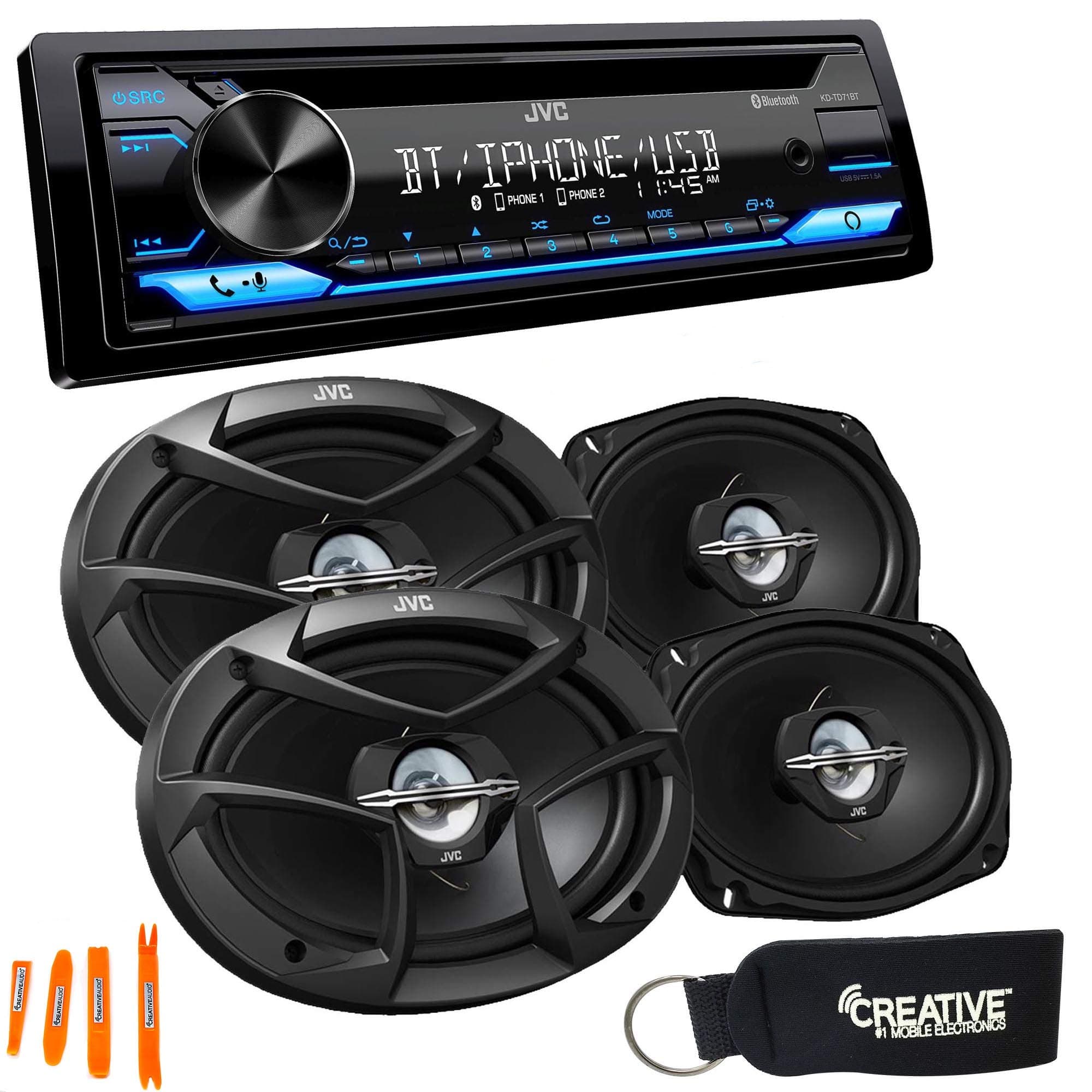 JVC KD-TD71BT CD Receiver with Bluetooth, Front USB, AUX, Amazon, Alexa + Two Pairs JVC 6x9 Speakers