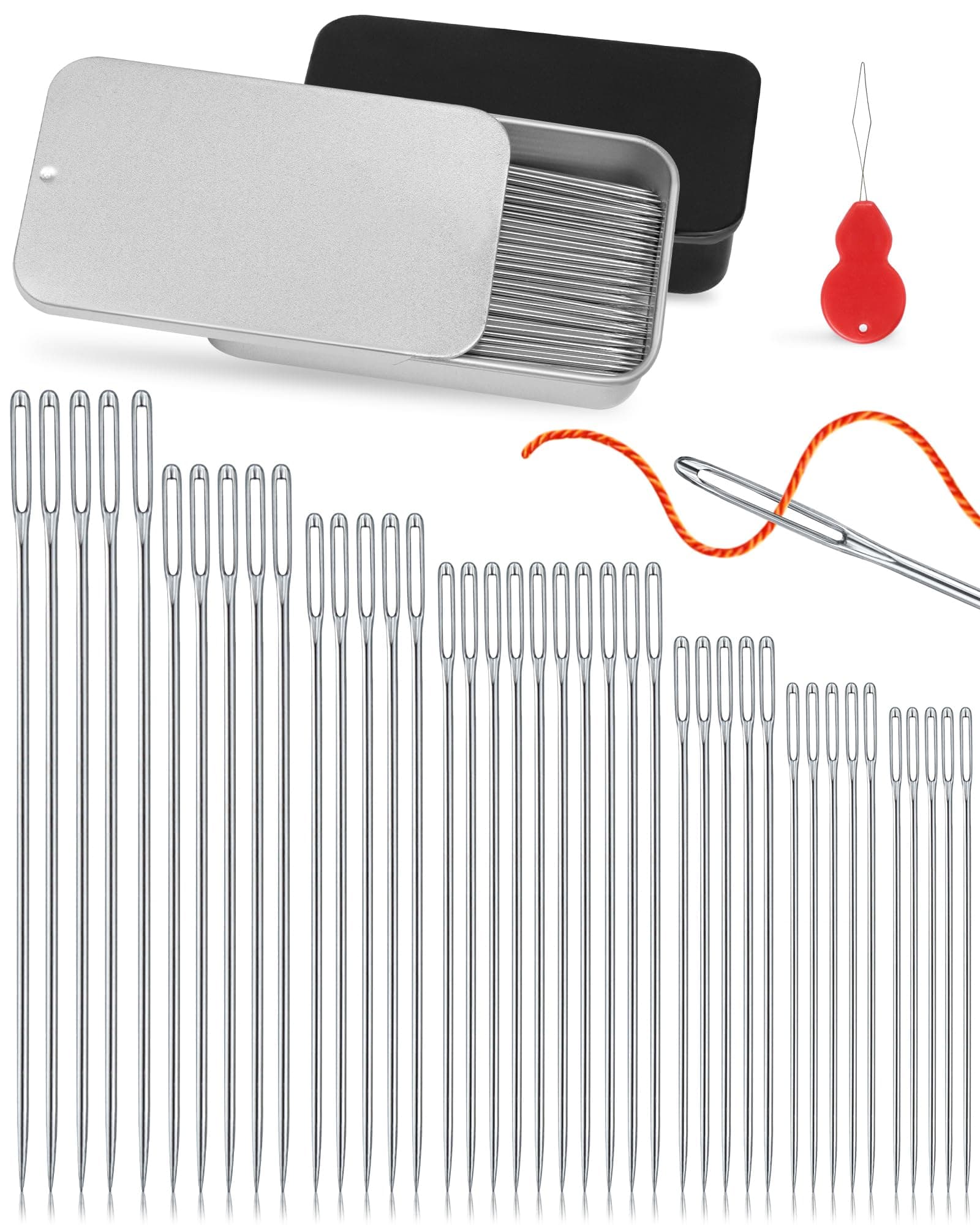 FIVEIZERO 80 PCS Large Eye Sewing Needles, Two 7 Sizes Sewing Sharp Needles, Leather Needle Embroidery Thread Needle, Stainless Steel Yarn Knitting Needles with Threaders for Handsewing Art Crafts