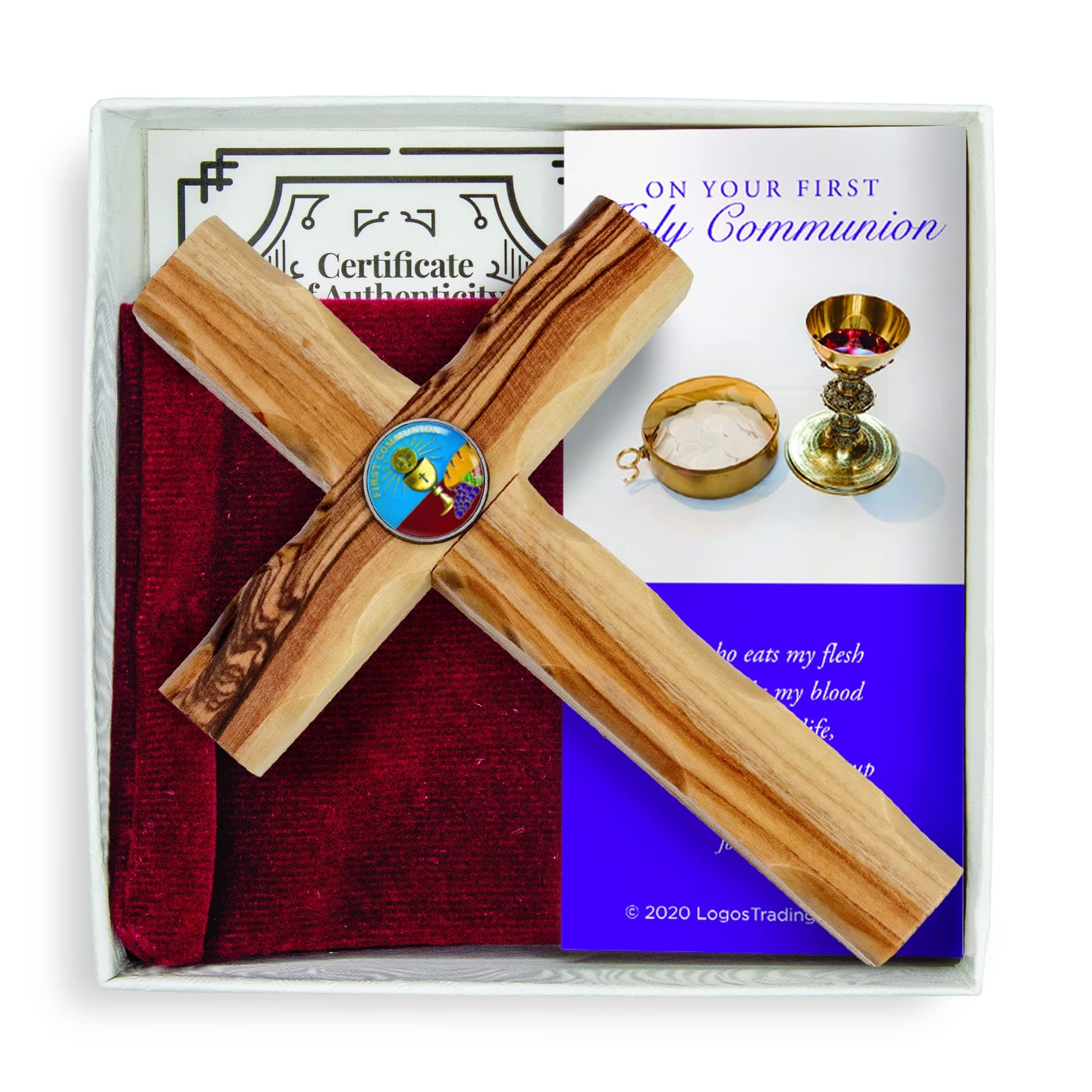 First Communion Sacrament Cross, Boxed Gift Set with Certificate of Authenticity, Prayer Card, & Velvet Pouch, For Boys & Girls, Catholic & Christian Holy Land Olive Wood From Israel