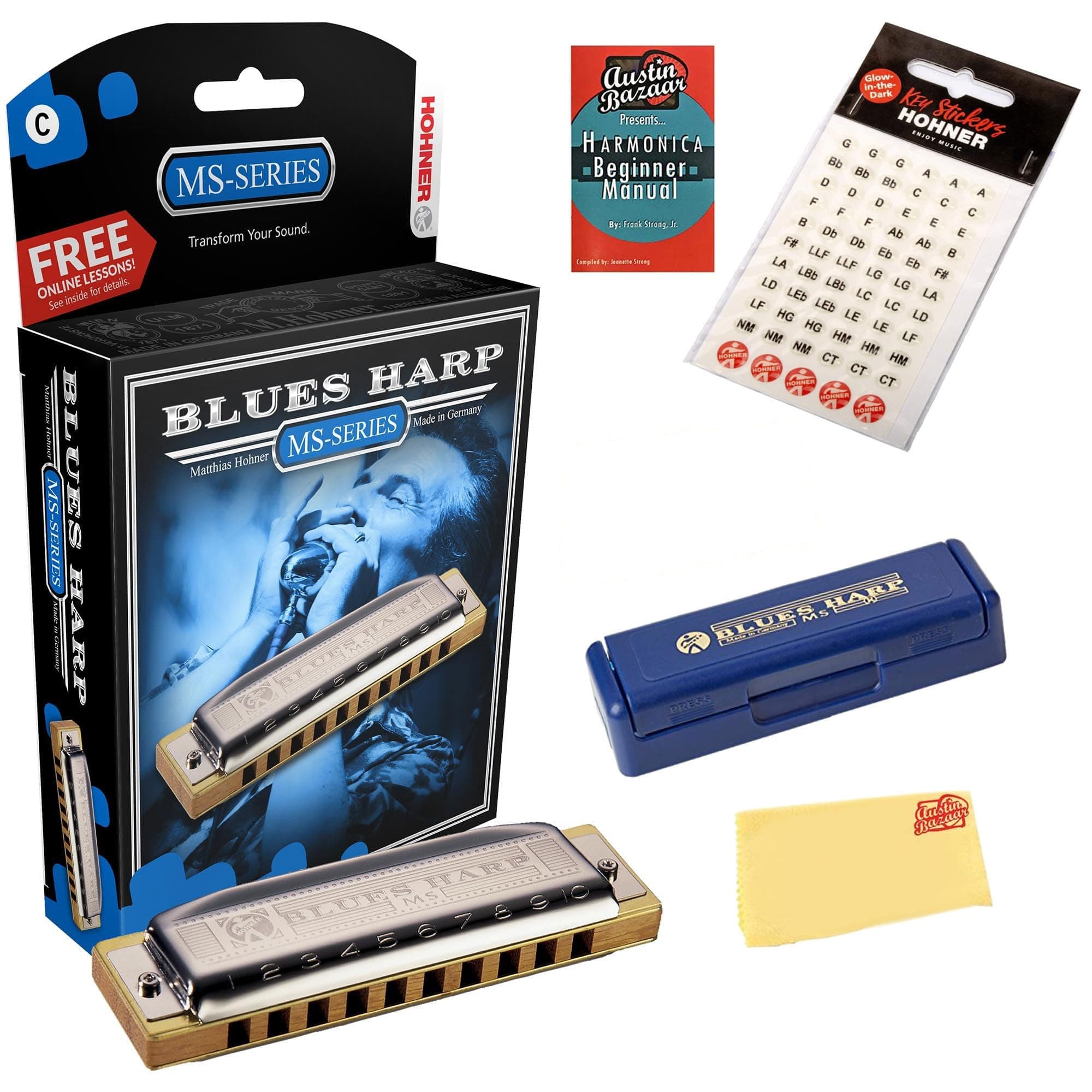 Hohner 532 Blues Harp MS Harmonica - Key of E Bundle with Case, Key Stickers, Harmonica Beginner Online Manual, and Austin Bazaar Polishing Cloth