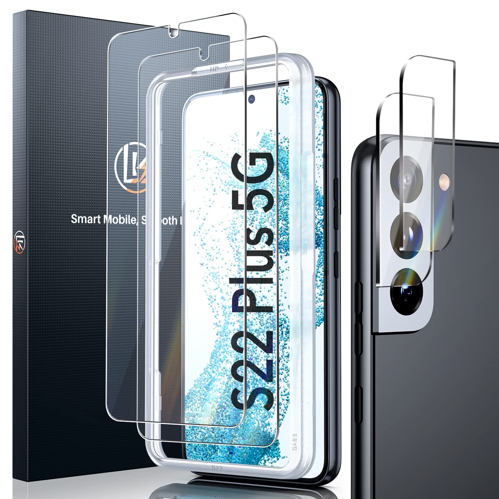 LK2+2 Designed for Samsung Galaxy S22 Plus/S22+ 5G Screen Protector + 2 Pack Camera Lens Protector with Accurate Alignment Frame, 9H Hardness Shockproof, Bubble-Proof, Case-Friendly,6.6-inch
